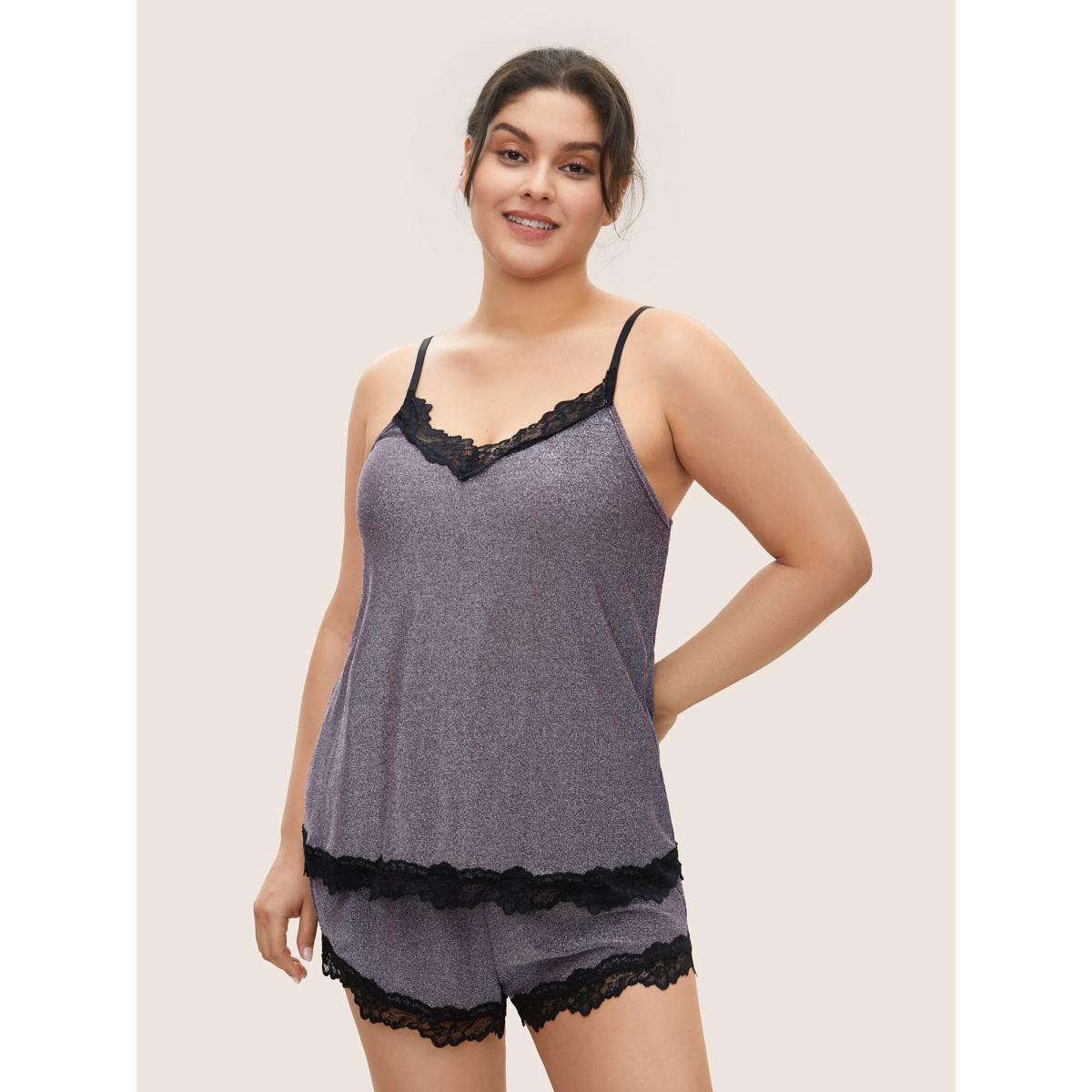 Plus Size Metallic Patchwork Bowknot Lace Panel Loungewear Set Women Purple Patchwork Sleeveless V-neck Lounge Loungewear Sets BloomChic 12/L Product Image