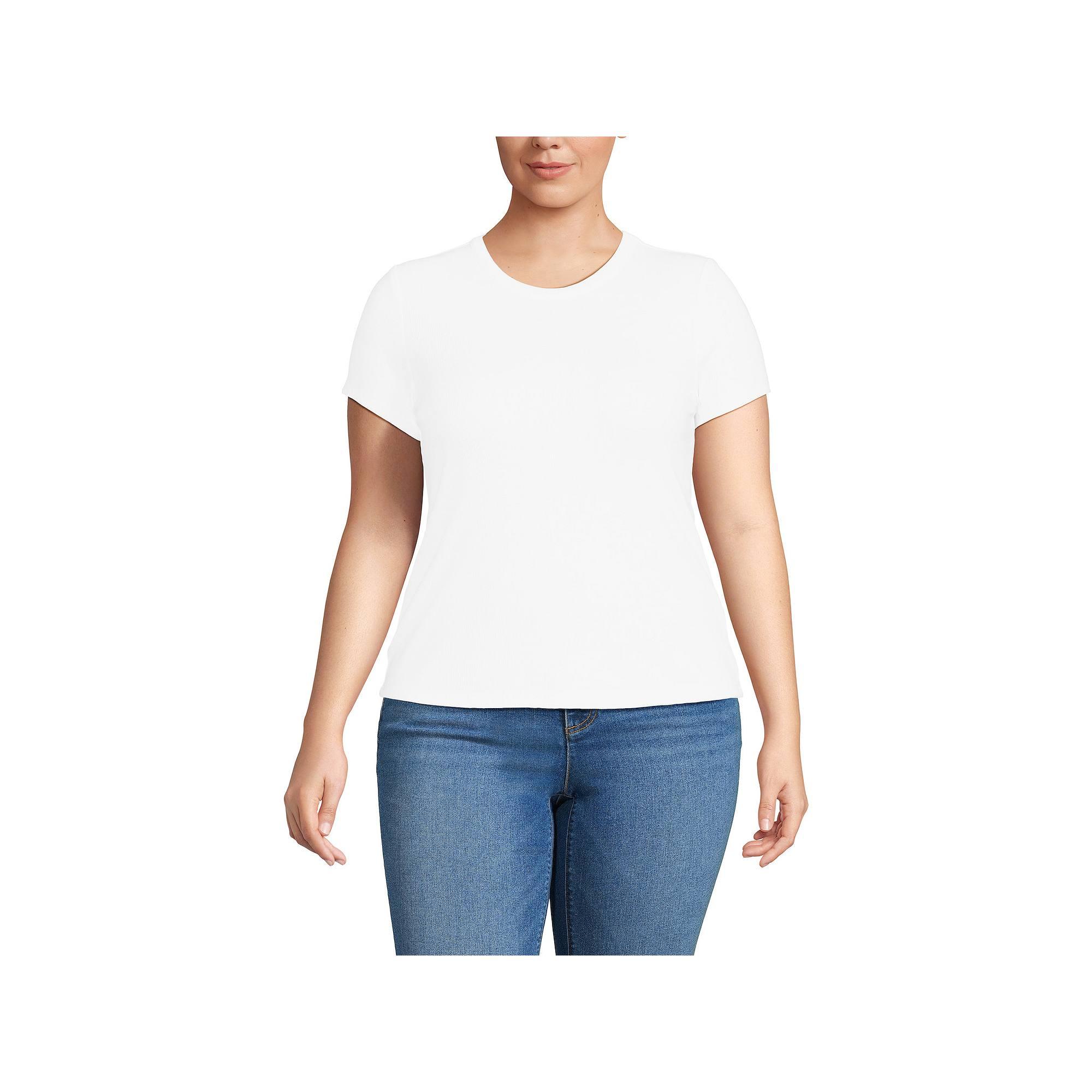 Plus Size Lands' End Drapey Rib Fitted Short Sleeve Mini T-Shirt, Women's, Size: 1XL, Ivory Navy Stripe Product Image