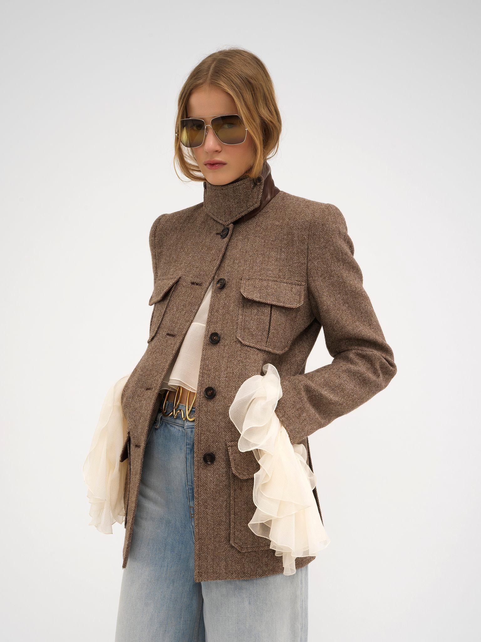 Long officer jacket in herringbone wool Product Image