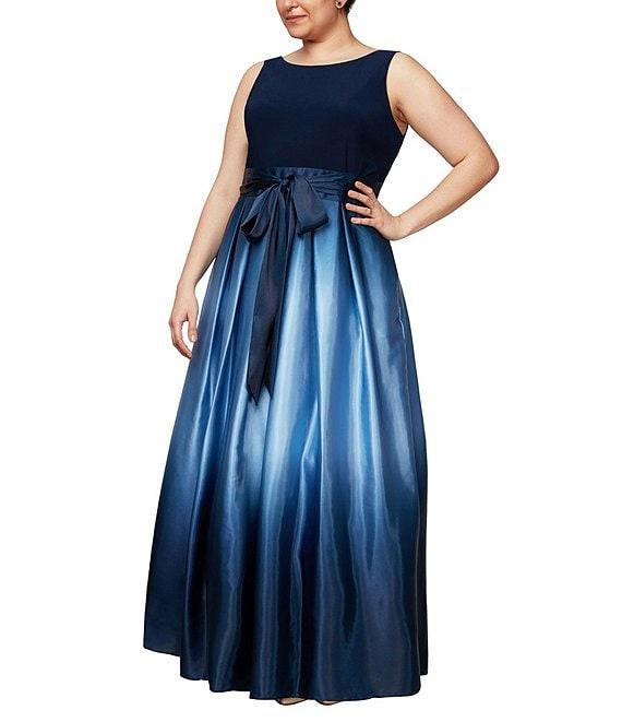 Ignite Evenings Plus Size Boat Neck Ombre Satin Bow Sleeveless Gown Product Image