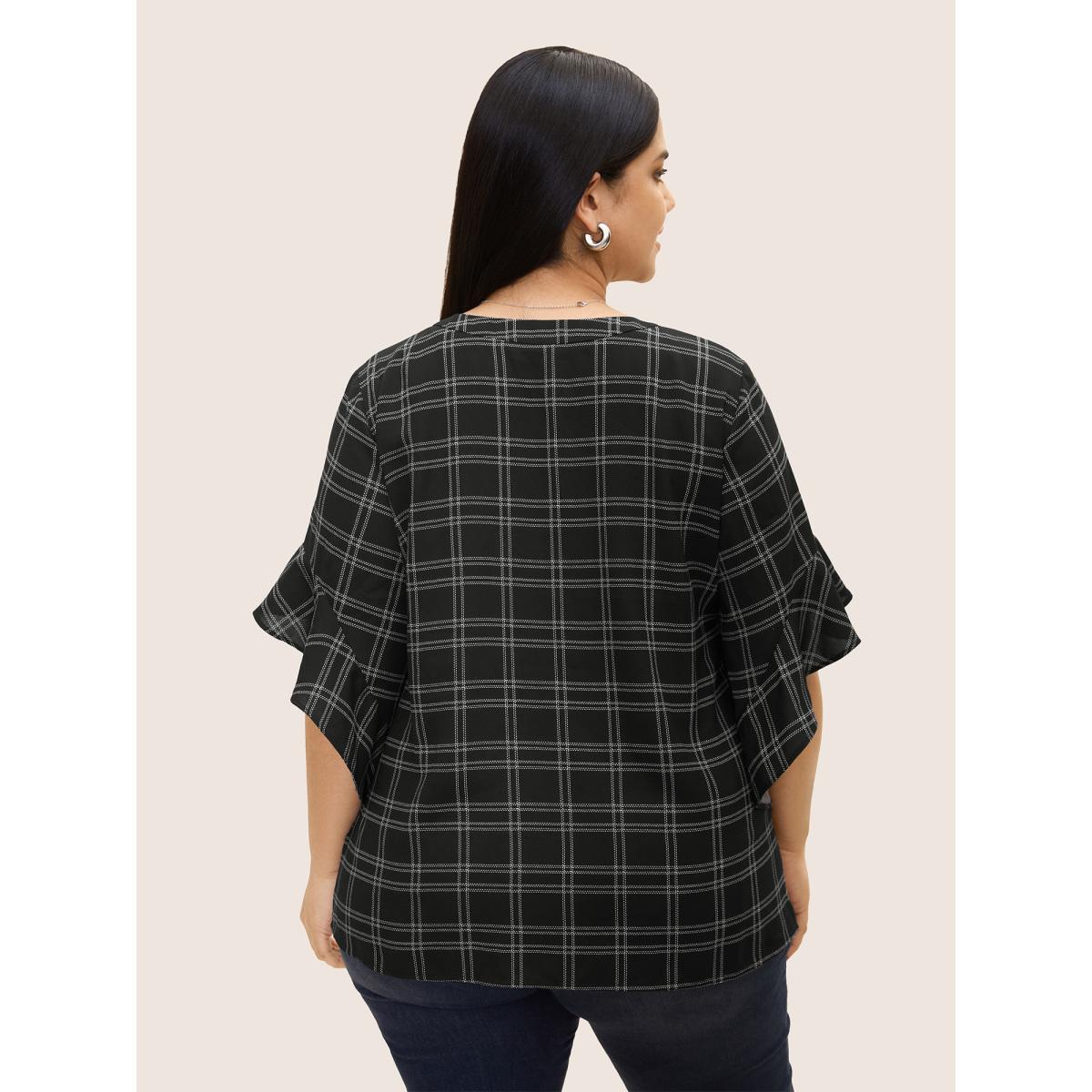 Plus Size Black Plaid Notched Patchwork Ruffle Sleeve Blouse Women At the Office Half Sleeve Flat collar with V-notch Work Blouses BloomChic 22-24/3X Product Image