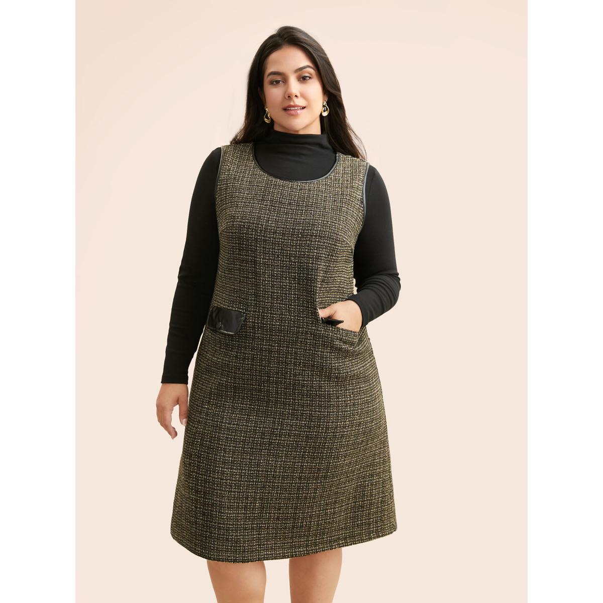 Plus Size Tweed Patchwork Flap Pocket Dress Black Women Casual Texture Round Neck Sleeveless Curvy BloomChic 26/4X Product Image
