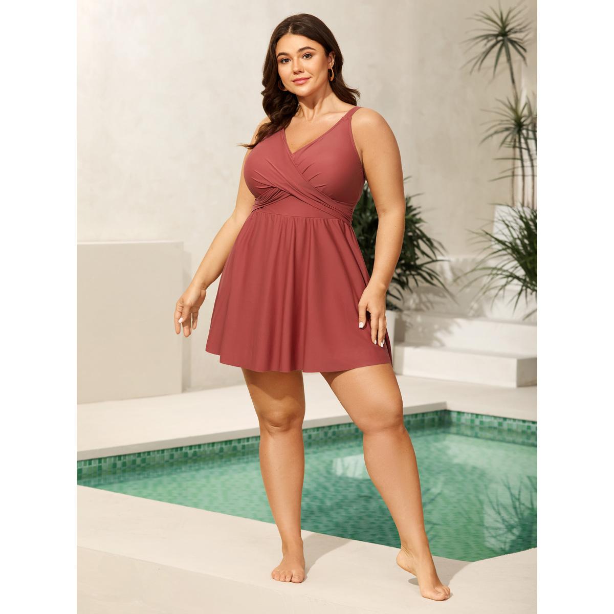 Plus Size Anti-Float Ties Crossover Swim Dress Women's Swimwear Rust Resort Bodycon Overlap Collar High stretch Curve Swim Dresses BloomChic 26/4X Product Image