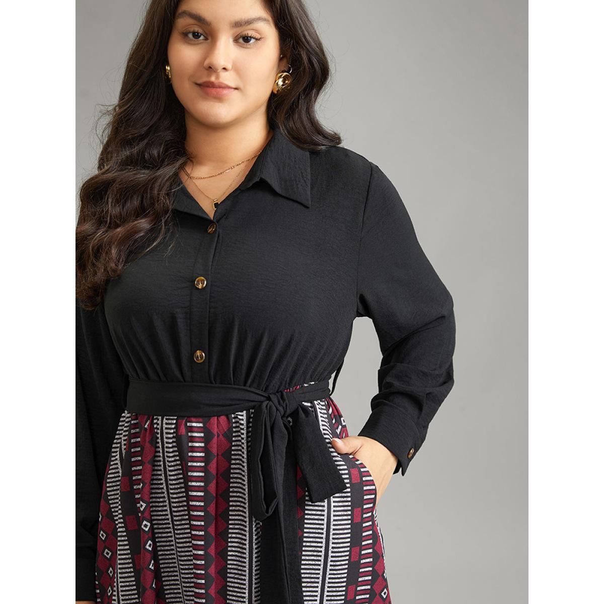 Plus Size Geometric Belted Button Up Curved Hem Dress Black Women Office Belted Shirt collar Long Sleeve Curvy Midi Dress BloomChic 28/5X Product Image