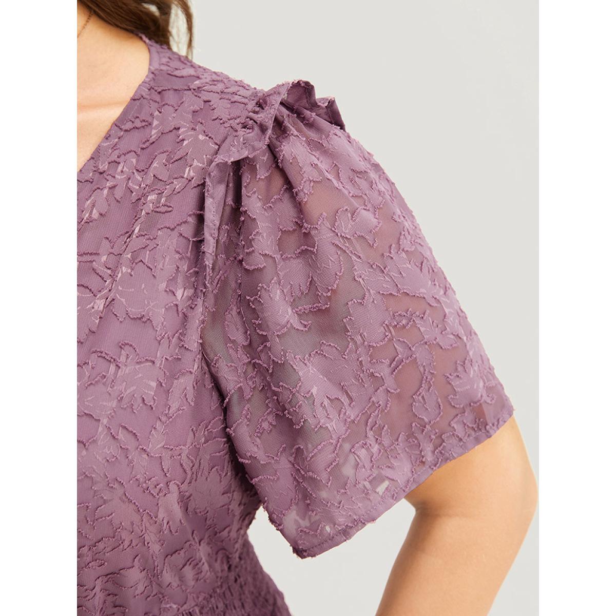 Plus Size Plain V Neck Pocket Shirred Ruffle Tiered Floral Dress Mauve Women Elegant Gathered V-neck Short sleeve Curvy Midi Dress BloomChic 10/M Product Image