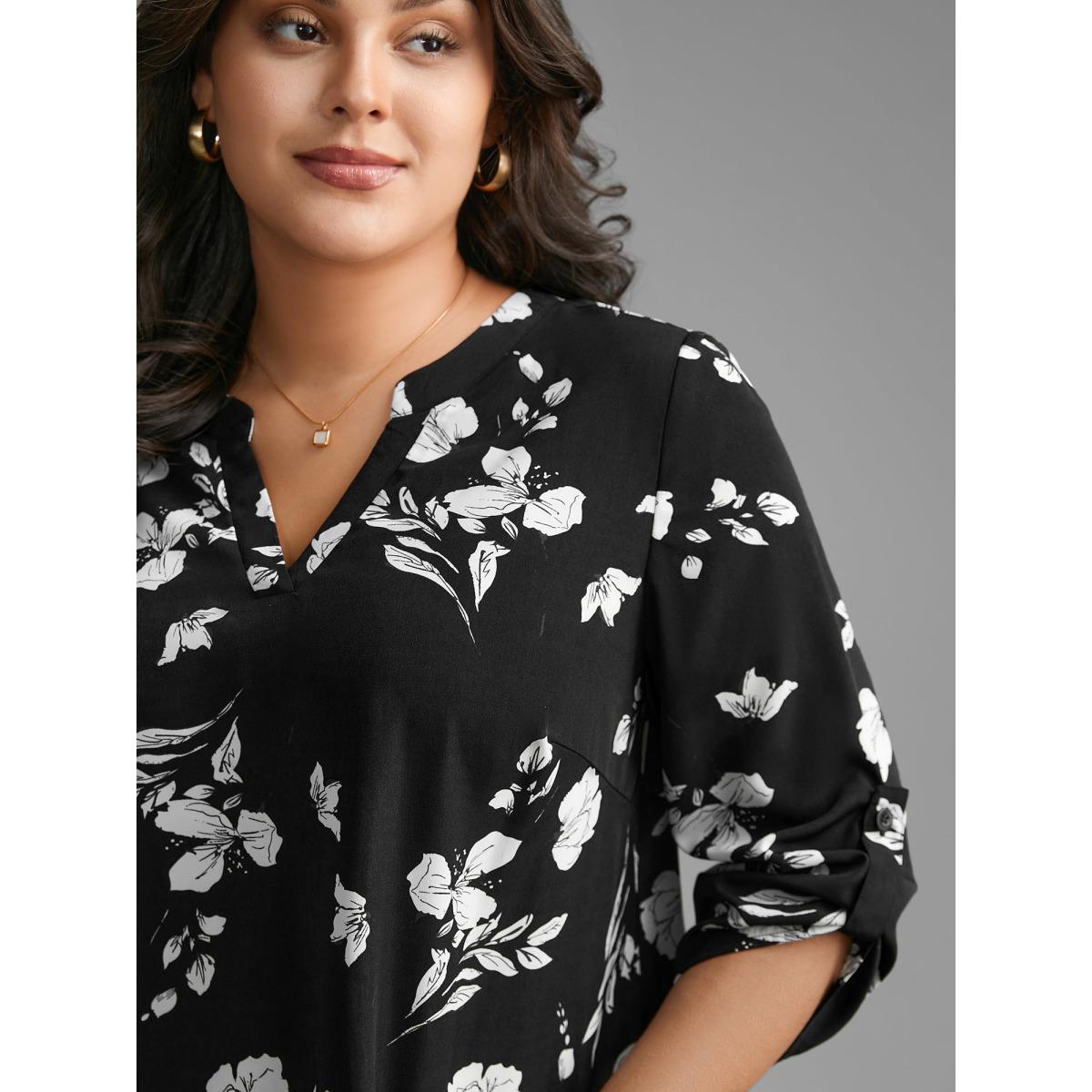 Plus Size Black Silhouette Floral Print Tab Sleeve Slit Hem Blouse Women Elegant Elbow-length sleeve Notched collar Everyday Blouses BloomChic 12/L Product Image