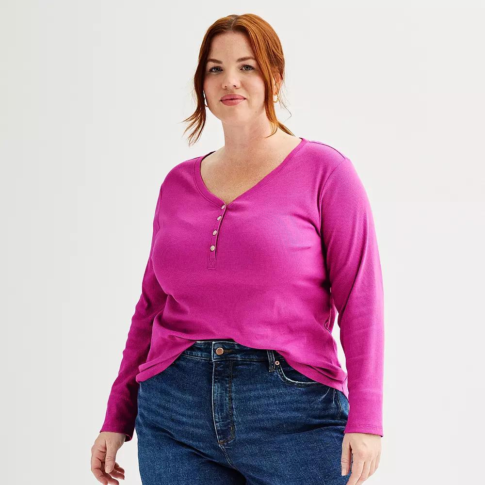 Plus Size Sonoma Goods For Life® Ribbed Long Sleeve Henley, Women's, Size: 2XL, Fantasy Pink Product Image