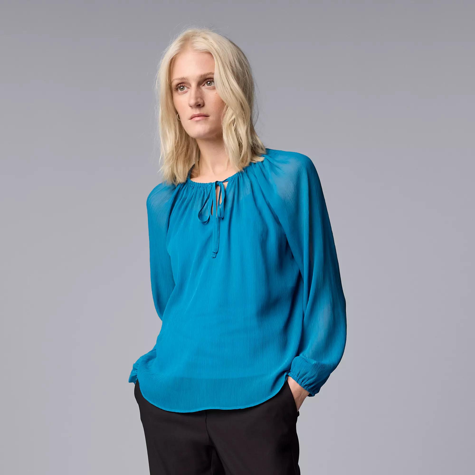 Petite Simply Vera Vera Wang Tie Neck Balloon Sleeve Shirred Blouse, Women's, Size: XXL Petite, Timor  Blue Product Image