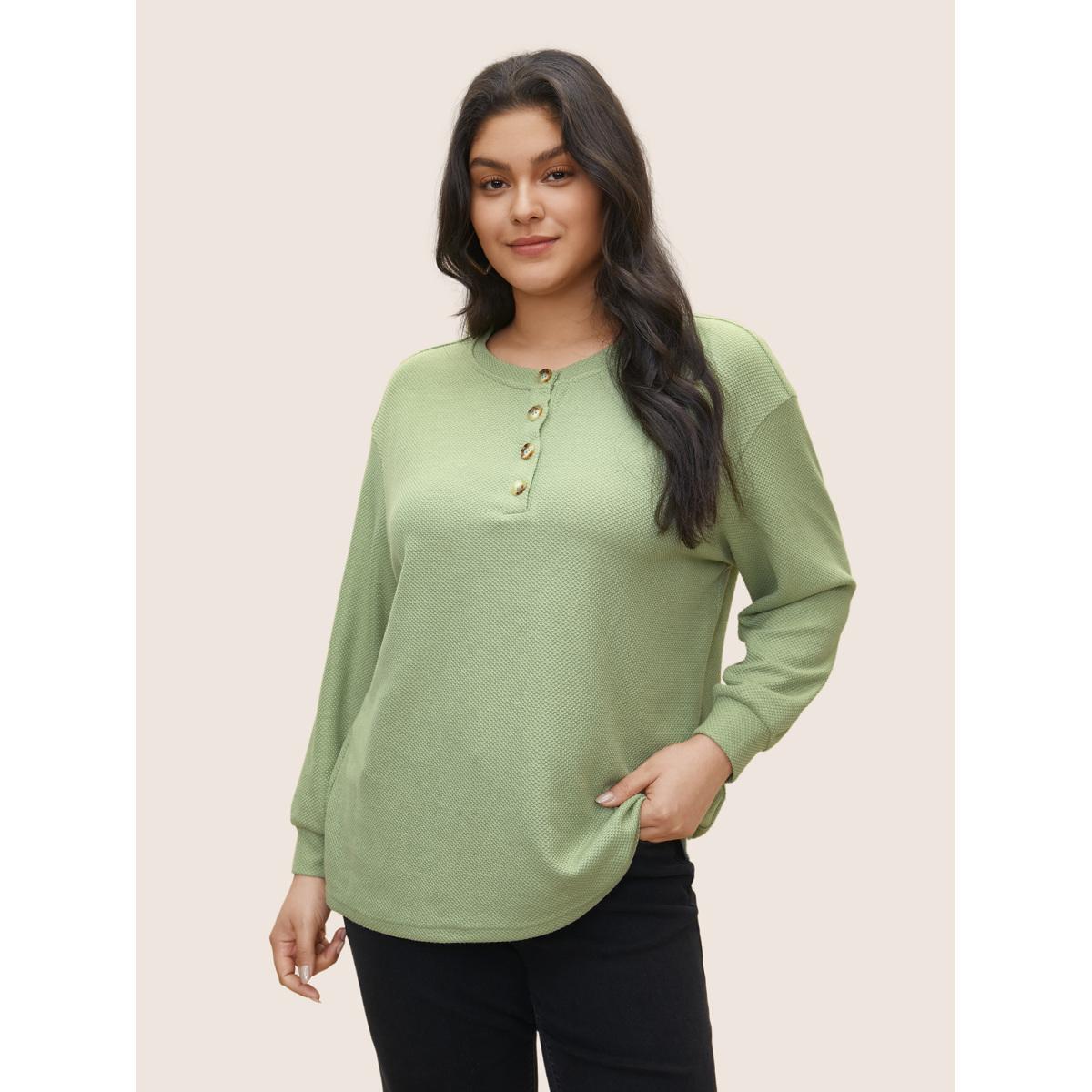 Plus Size Plain Button Detail Textured Sweatshirt Women LightGreen Casual Non Round Neck Everyday Sweatshirts BloomChic 28/5X Product Image