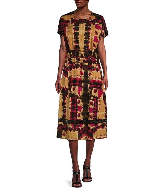 DKNY by Donna Karan Printed Cotton Voile Studded Mesh Crew Neckline Coordinating Short Sleeve Top Product Image