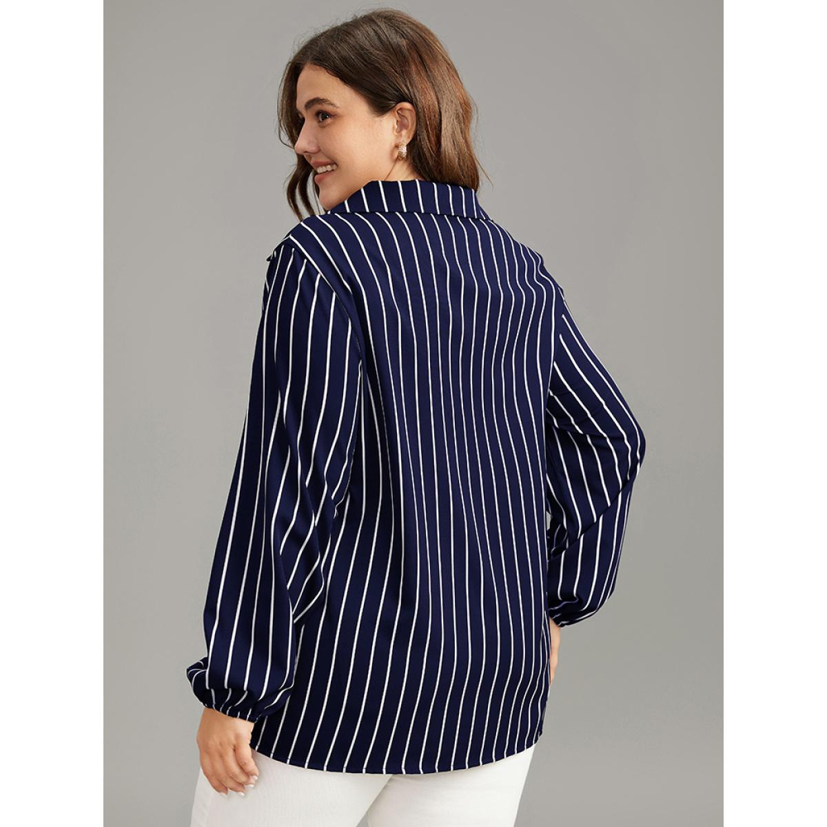 Plus Size Indigo Striped Shirt Collar Lantern Sleeve Blouse Women Office Long Sleeve Shirt collar Office Blouses BloomChic 10/M Product Image