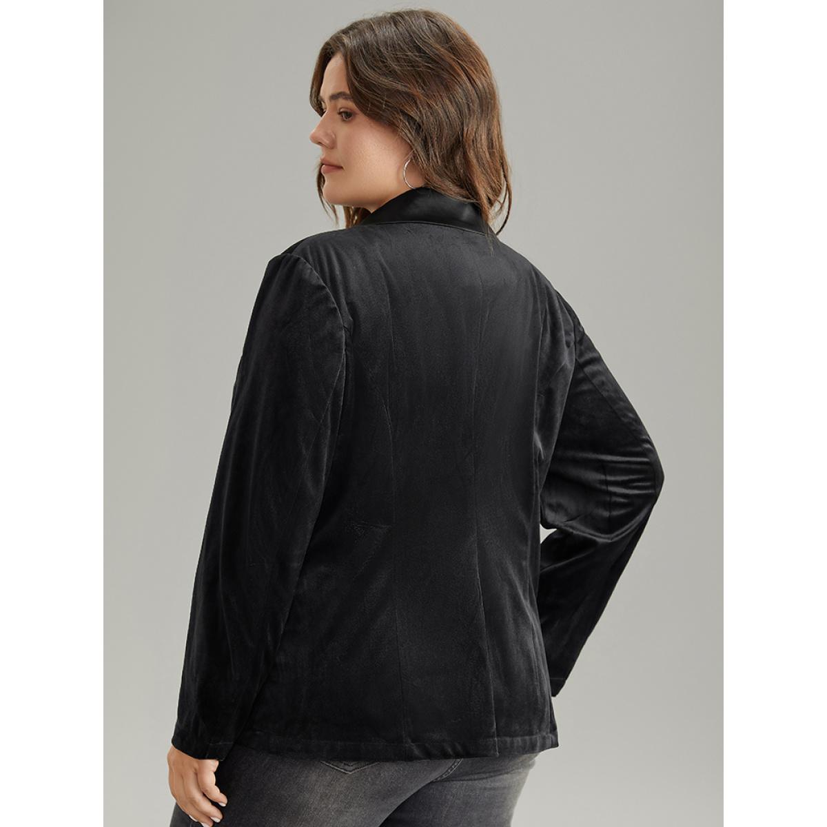 Plus Size Velvet Buckle Detail Pocket Suit Collar Blazer Black Women Dailywear Plain Plain Sleeve Long Sleeve Suit Collar 28/5X Pocket Elegant Blazers BloomChic Product Image