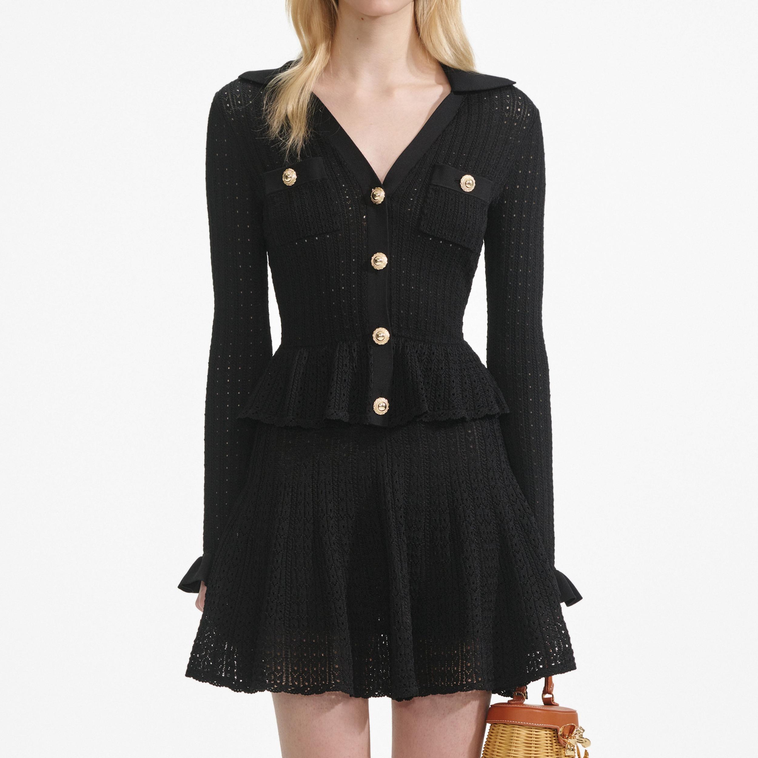 Black Pointelle V Neck Knit Mini Dress Product Image