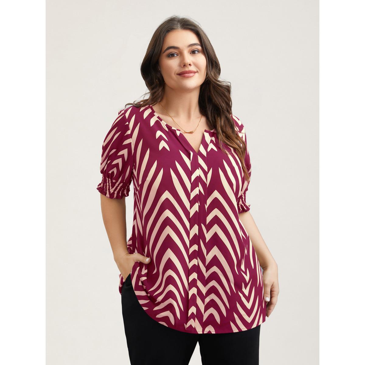 Plus Size Black Geometric Print Ruffled Shirred Shirt Women Office Half Sleeve Flat collar with V-notch Office Blouses BloomChic 26/4X Product Image