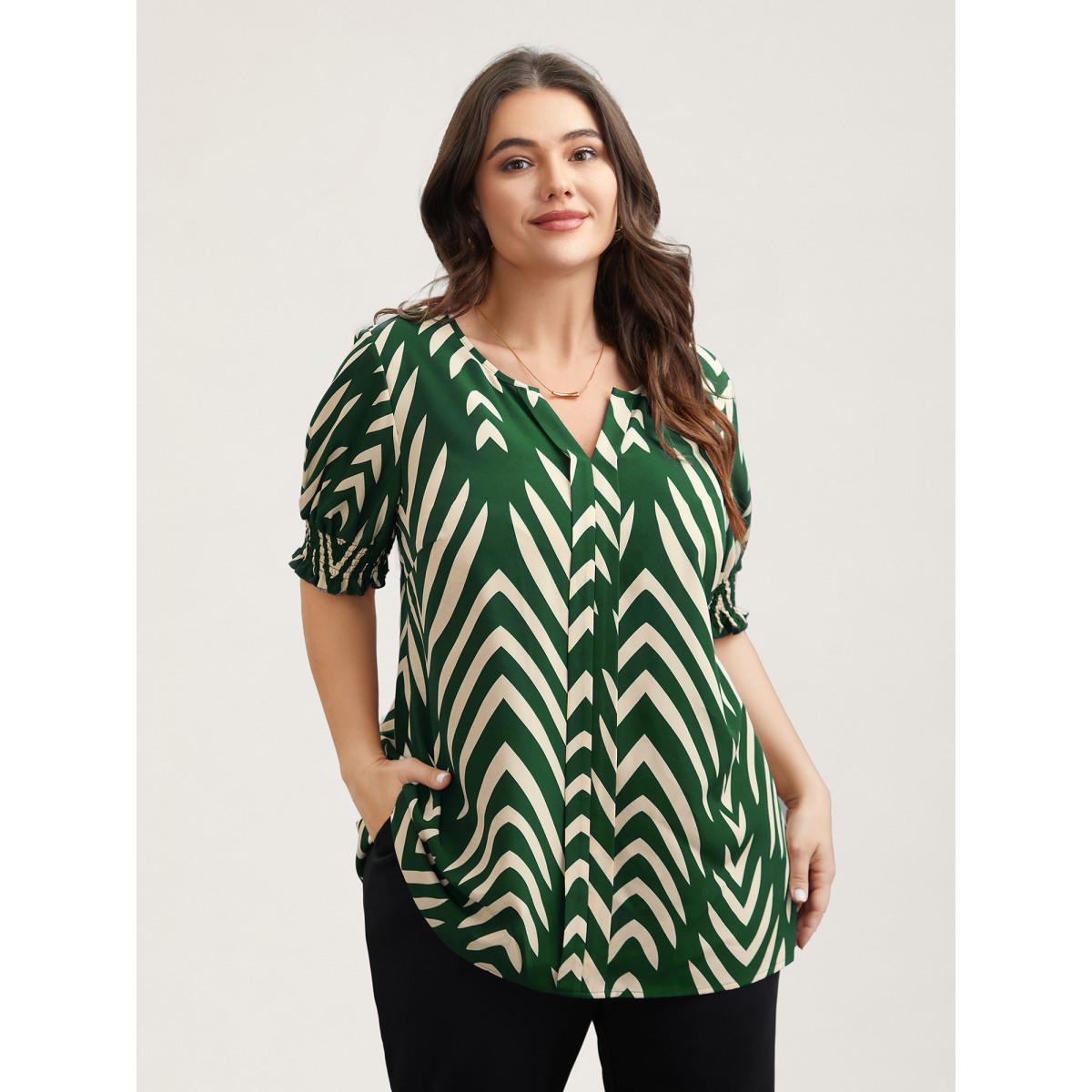 Plus Size Black Geometric Print Ruffled Shirred Shirt Women Office Half Sleeve Flat collar with V-notch Office Blouses BloomChic 26/4X Product Image