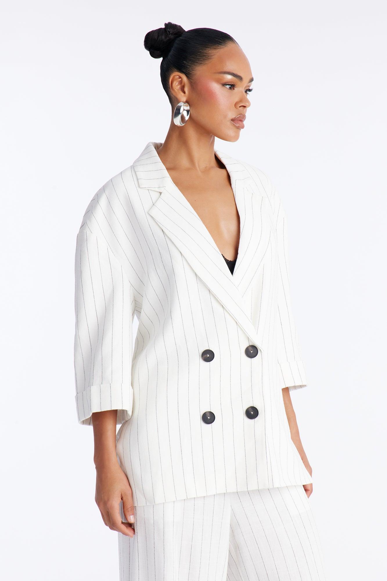 Thalia Linen Pinstripe Pant Set - White/combo Female Product Image