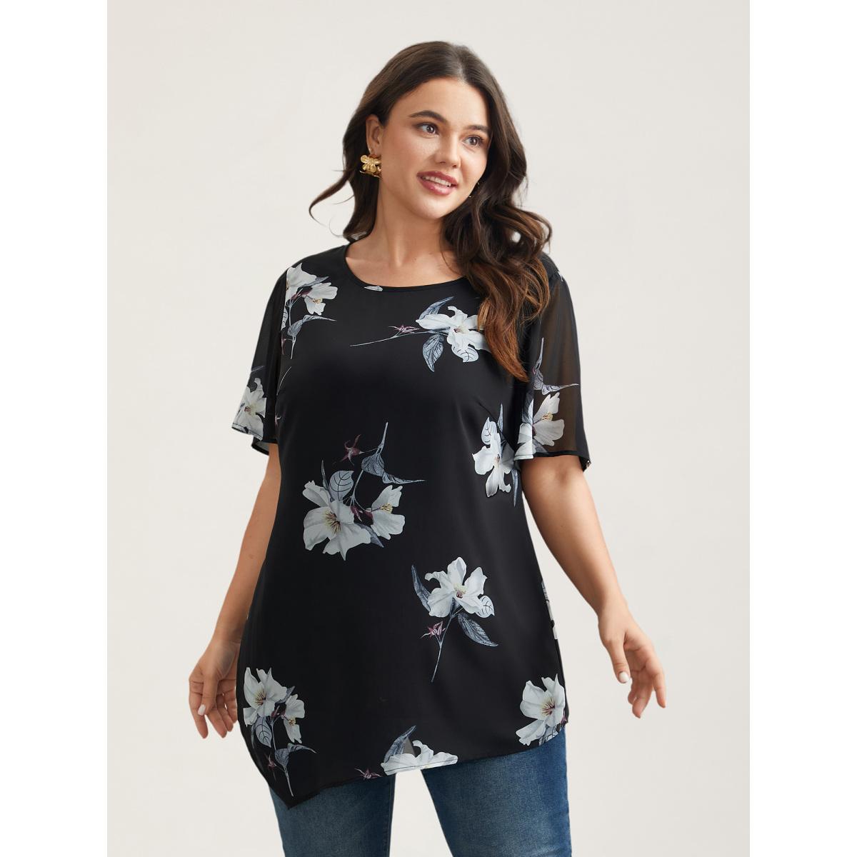 Plus Size Black Chiffon Floral Round Neck Shirt Women Timeless Short sleeve Round Neck Elegant Blouses BloomChic 30/6X Product Image
