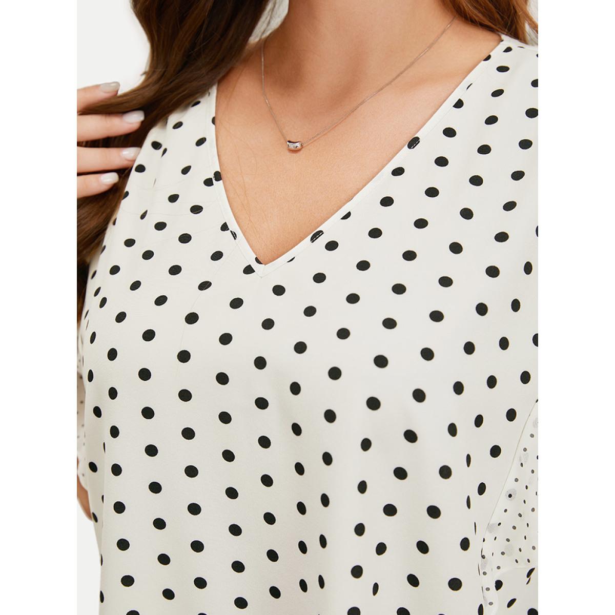 Plus Size White Polka Dot Patchwork Mesh Flutter Sleeve Blouse Women Office Short sleeve V-neck Office Blouses BloomChic 18-20/2X Product Image