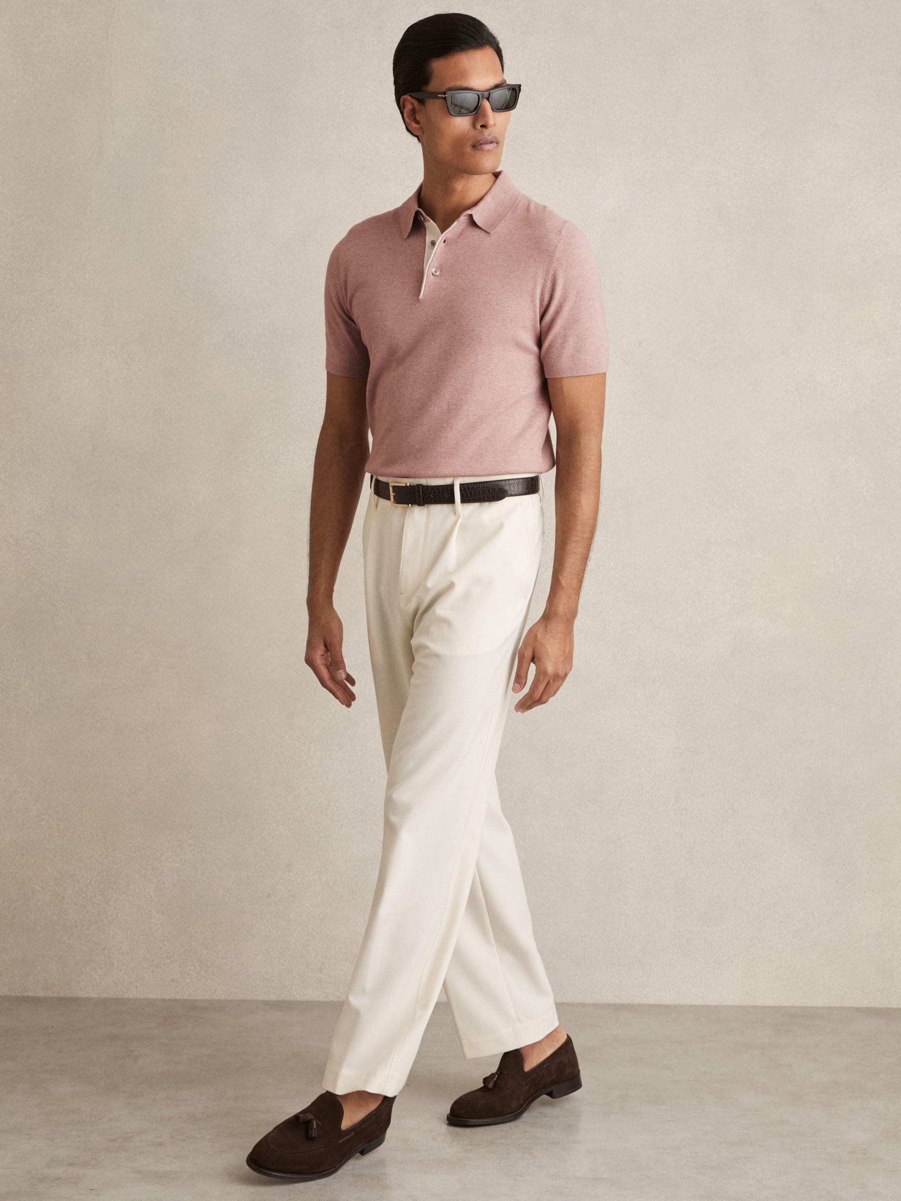 Contrast-Placket Polo Shirt With Cotton in Soft Pink Product Image