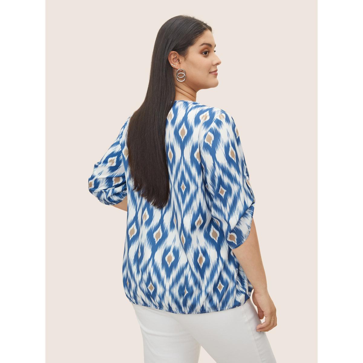 Plus Size Stone Geometric Surplice Neck Tab Sleeve Blouse Women Resort Elbow-length sleeve Overlap Collar Vacation Blouses BloomChic 22-24/3X Product Image