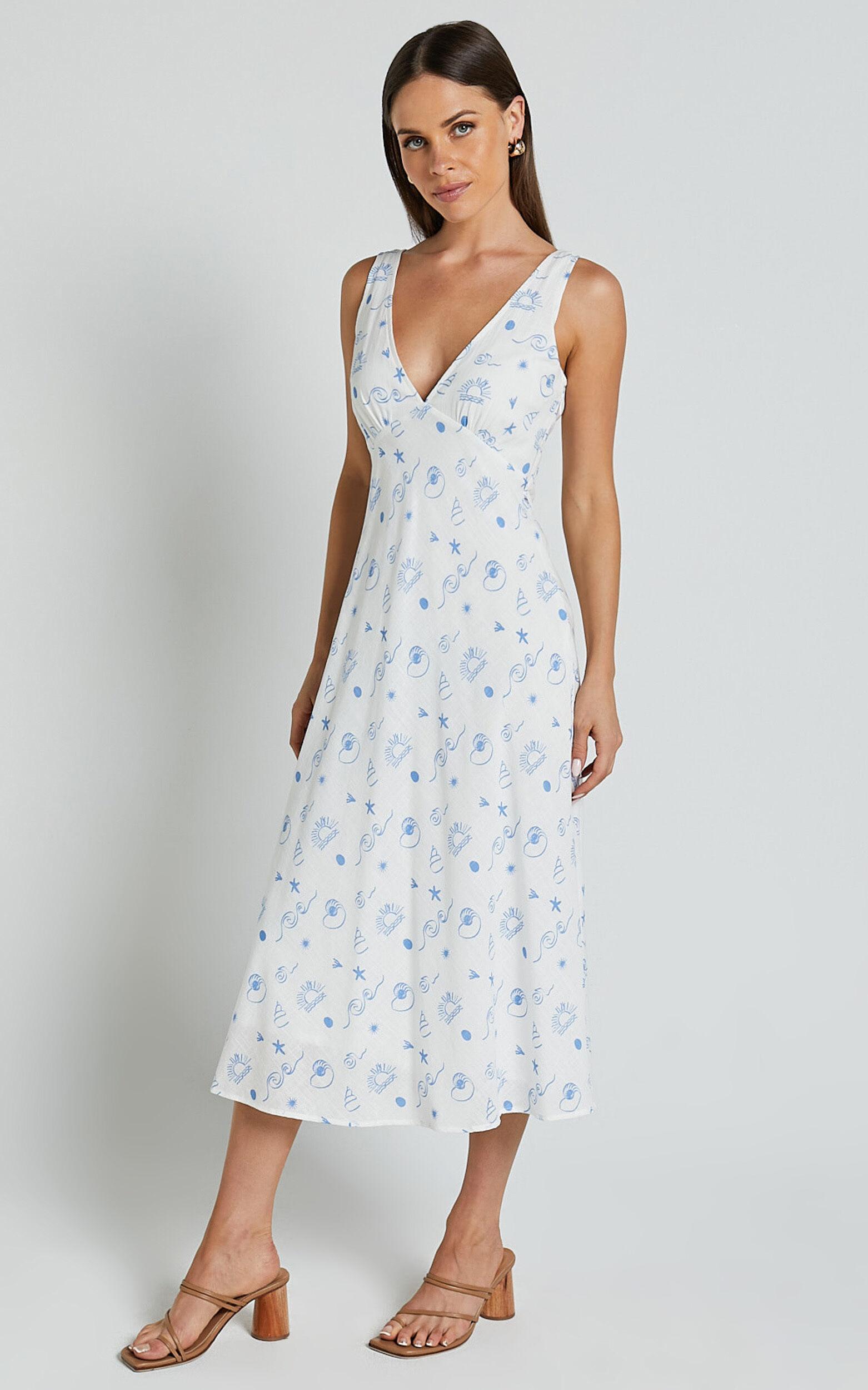Becca Midi Dress - Ruched Bust Sleeveless V Neck Dress in Blue Print Product Image