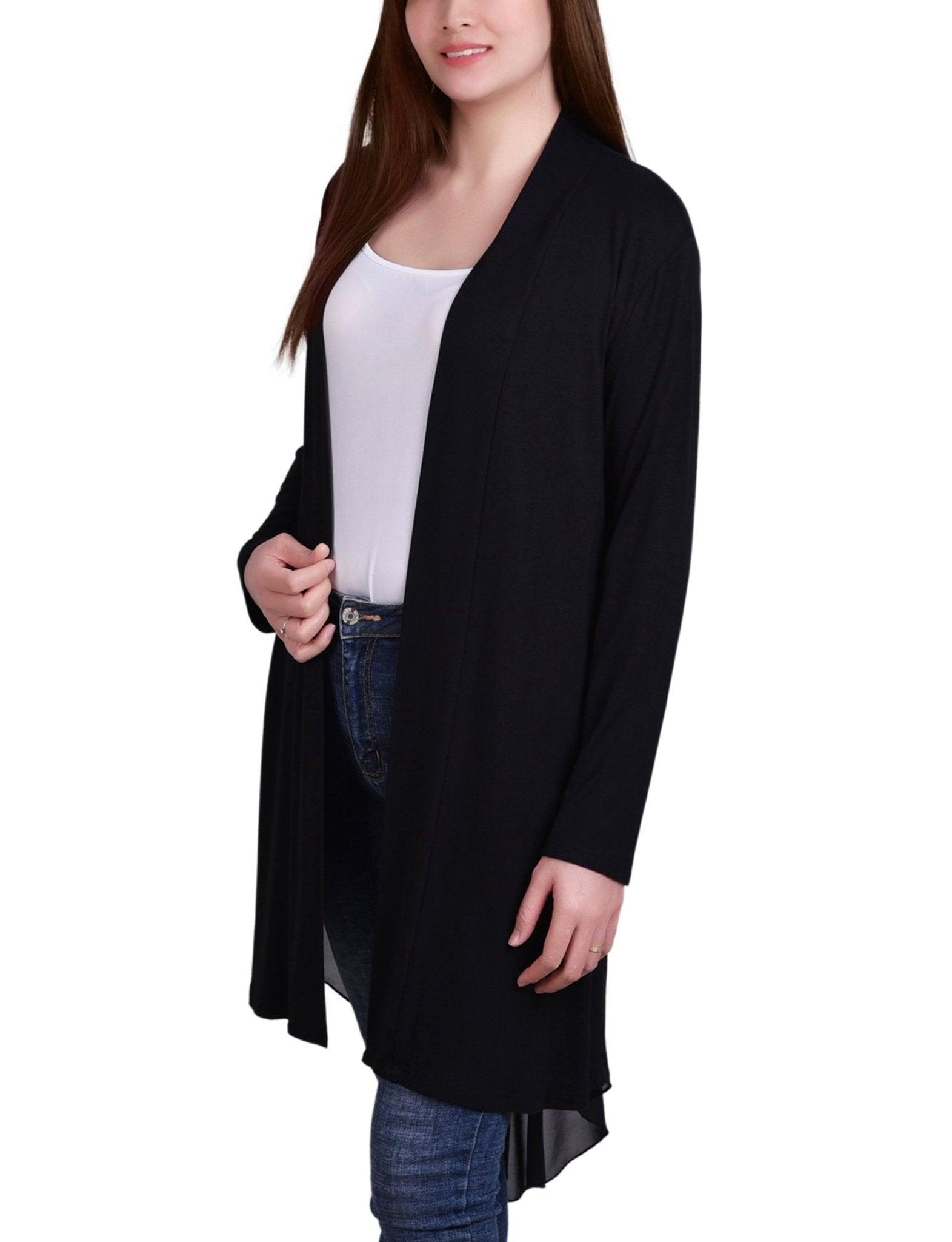 Black Long Sleeve Knit Cardigan With Chiffon Back Product Image