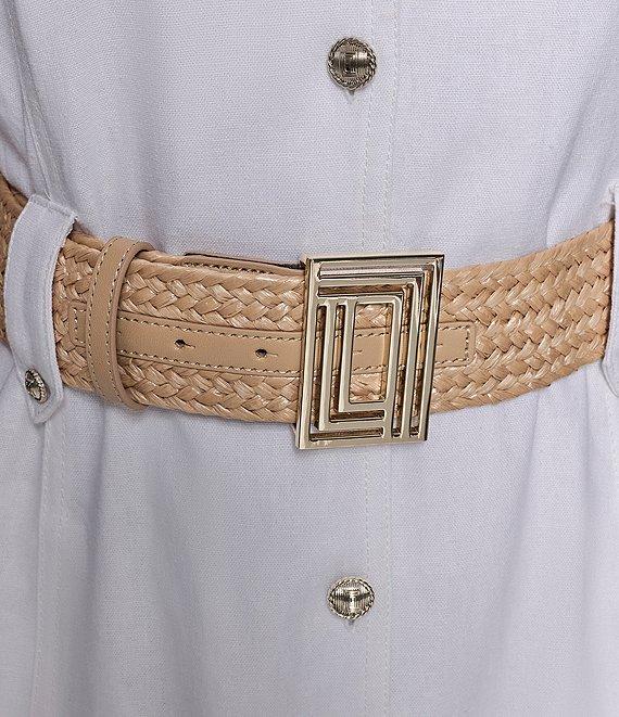 KARL LAGERFELD PARIS Linen-Blend Notch Collar Neck Short Sleeve Belted Button Front Shirt Midi Dress Product Image