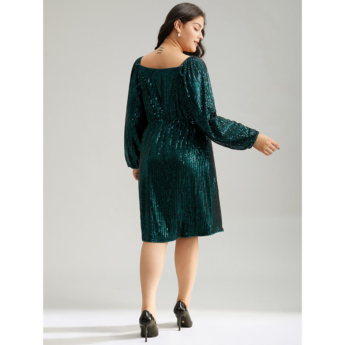 Plus Size Sequin Square Neck Lantern Sleeve Knee Dress DarkGreen Women Party Elastic cuffs Square Neck Long Sleeve Curvy Knee Dress BloomChic 28/5X Product Image