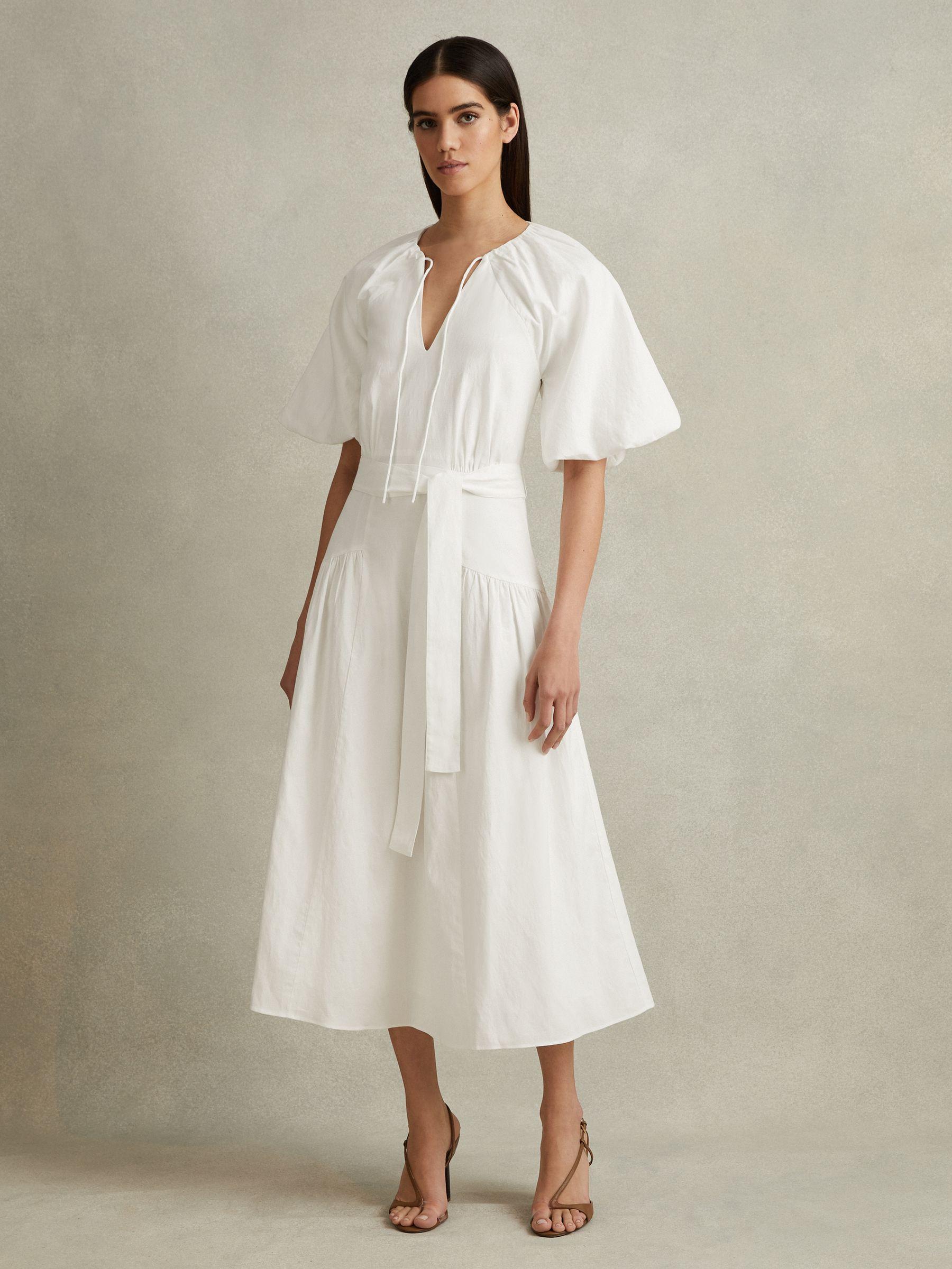 Lyocell Blend Puff Sleeve Midi Dress in White Product Image