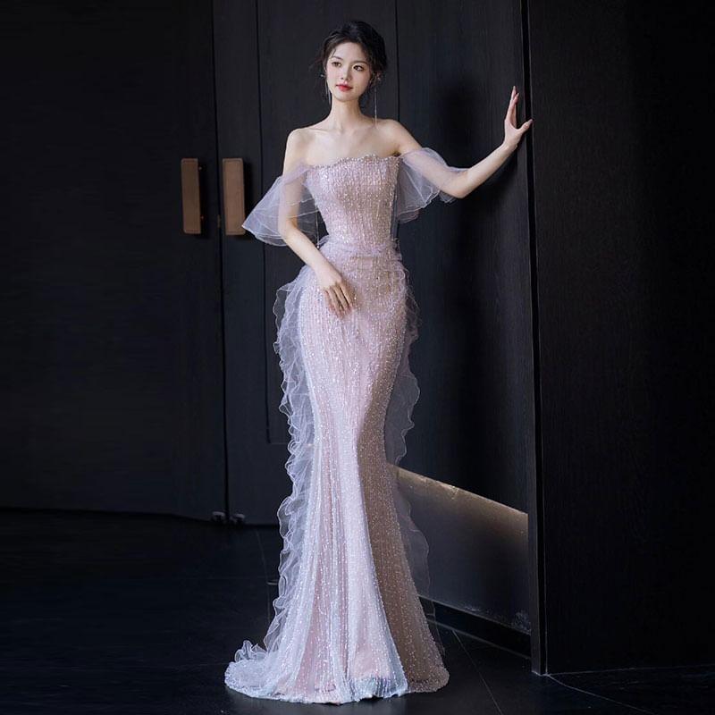 Off Shoulder Ruffle Trim Mermaid Evening Gown Product Image