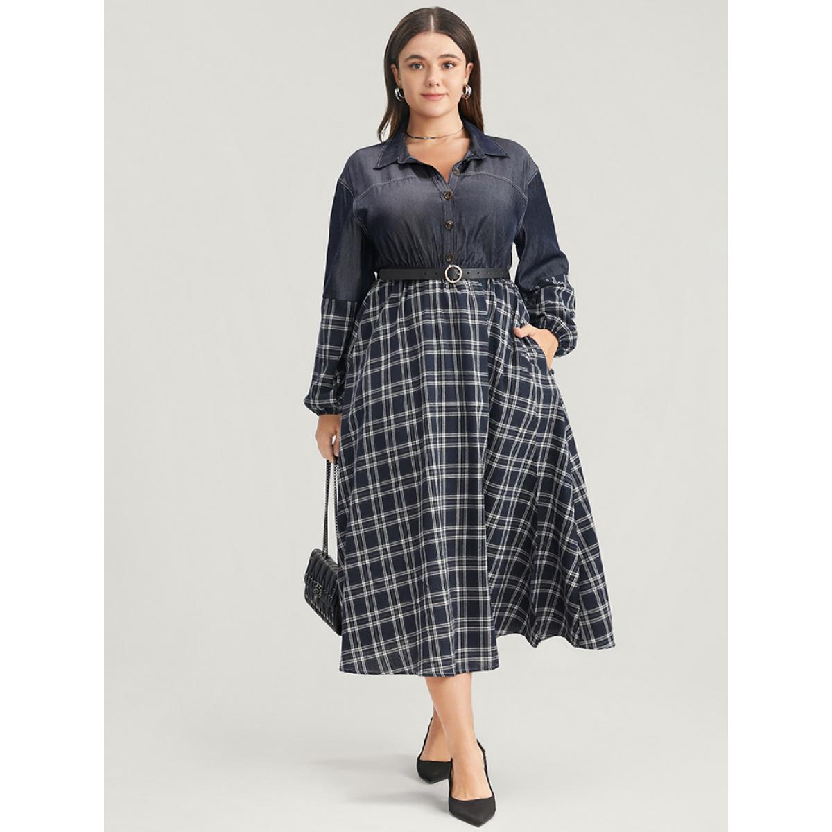 Plus Size Gingham Patchwork Button Pocket Shirt Collar Dress Without Belt Navy Women Office Patchwork Shirt collar Long Sleeve Curvy Midi Dress BloomChic 18-20/2X Product Image