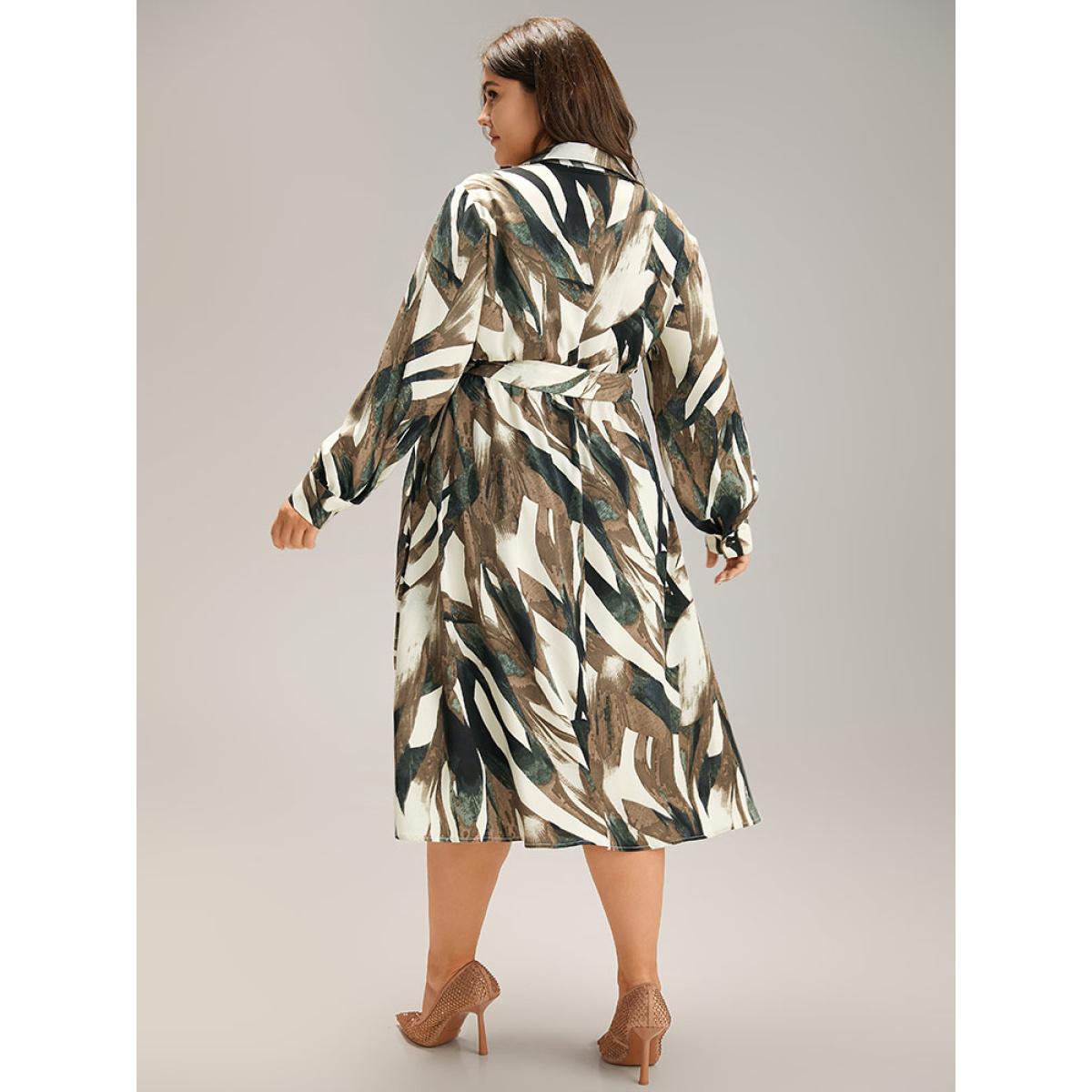 Plus Size Colorblock Contrast Belted Button Through Dress Multicolor Women At the Office Belted Shirt collar Long Sleeve Curvy Midi Dress BloomChic 18-20/2X Product Image