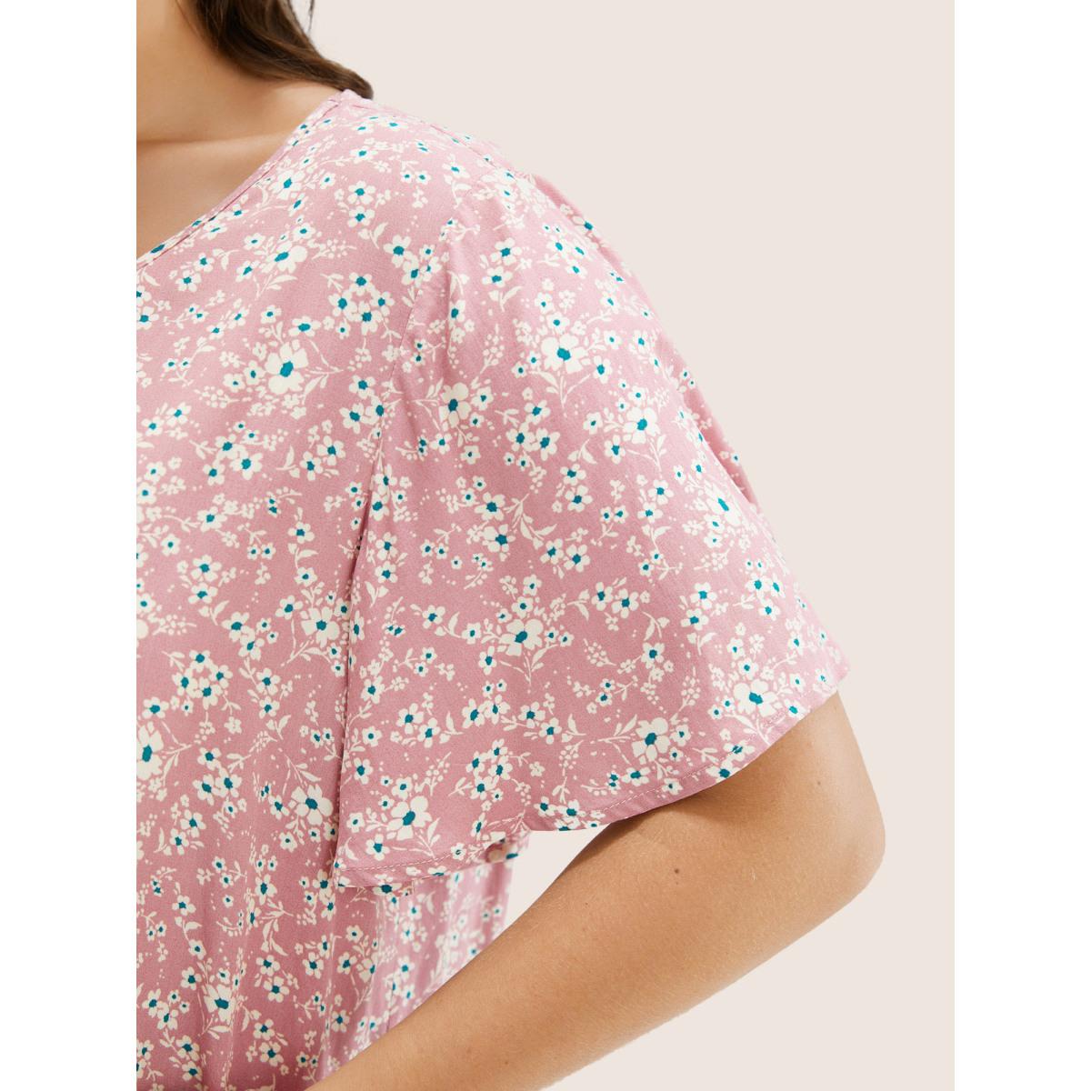 Plus Size Pink Ditsy Floral Contrast Ruffle Sleeve Button Detail Blouse Women Elegant Short sleeve Non Everyday Blouses BloomChic 12/L Product Image
