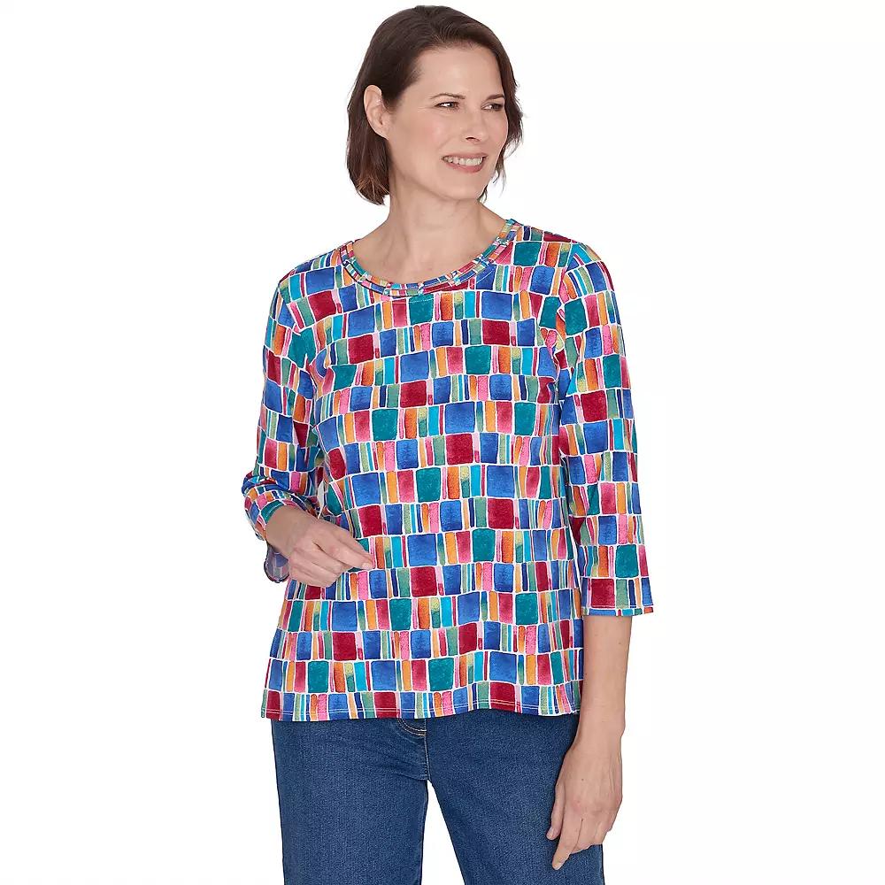 Petite Alfred Dunner Box Print Short Sleeve Top, Women's, Size: Large Petite, Multi Blue Product Image