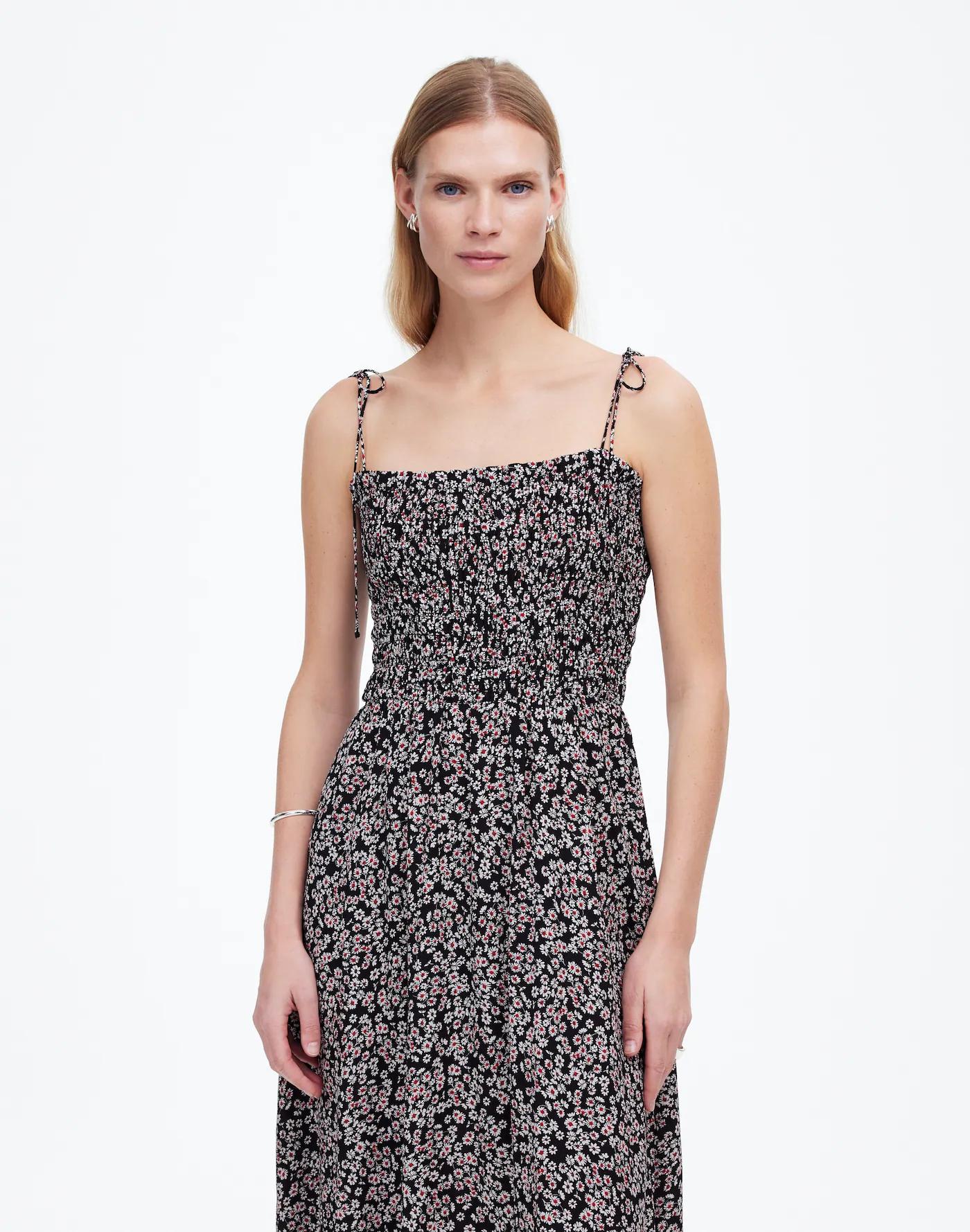 Smocked Tie-Strap Midi Dress in Floral Product Image