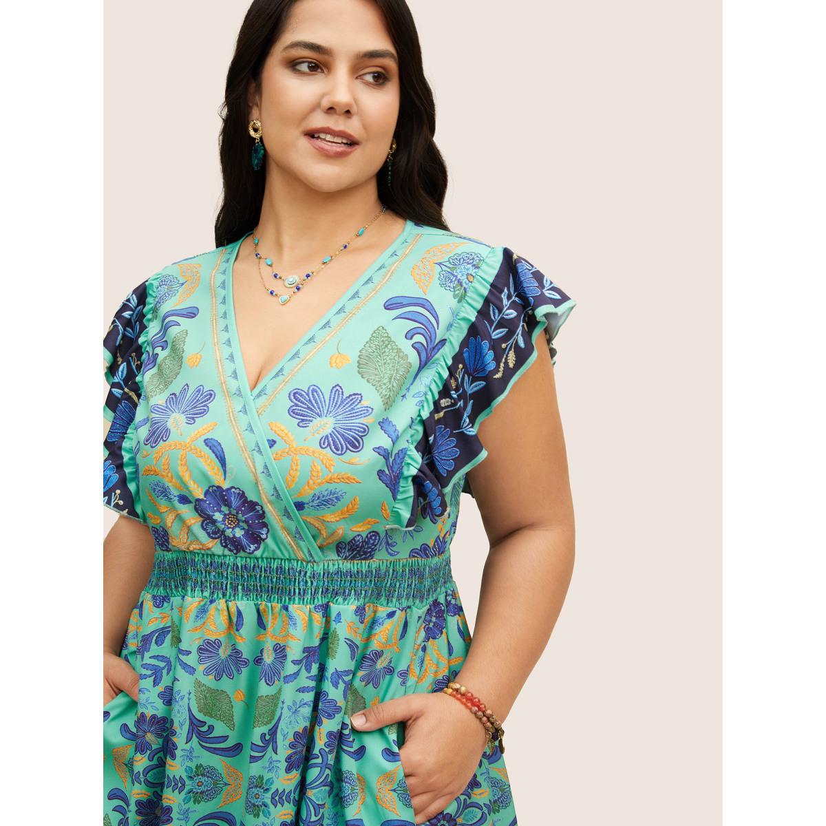 Plus Size Surplice Neck Boho Print Ruffles Shirred Dress Mint Women Resort Overlapping Overlap Collar Cap Sleeve Curvy BloomChic 22-24/3X Product Image