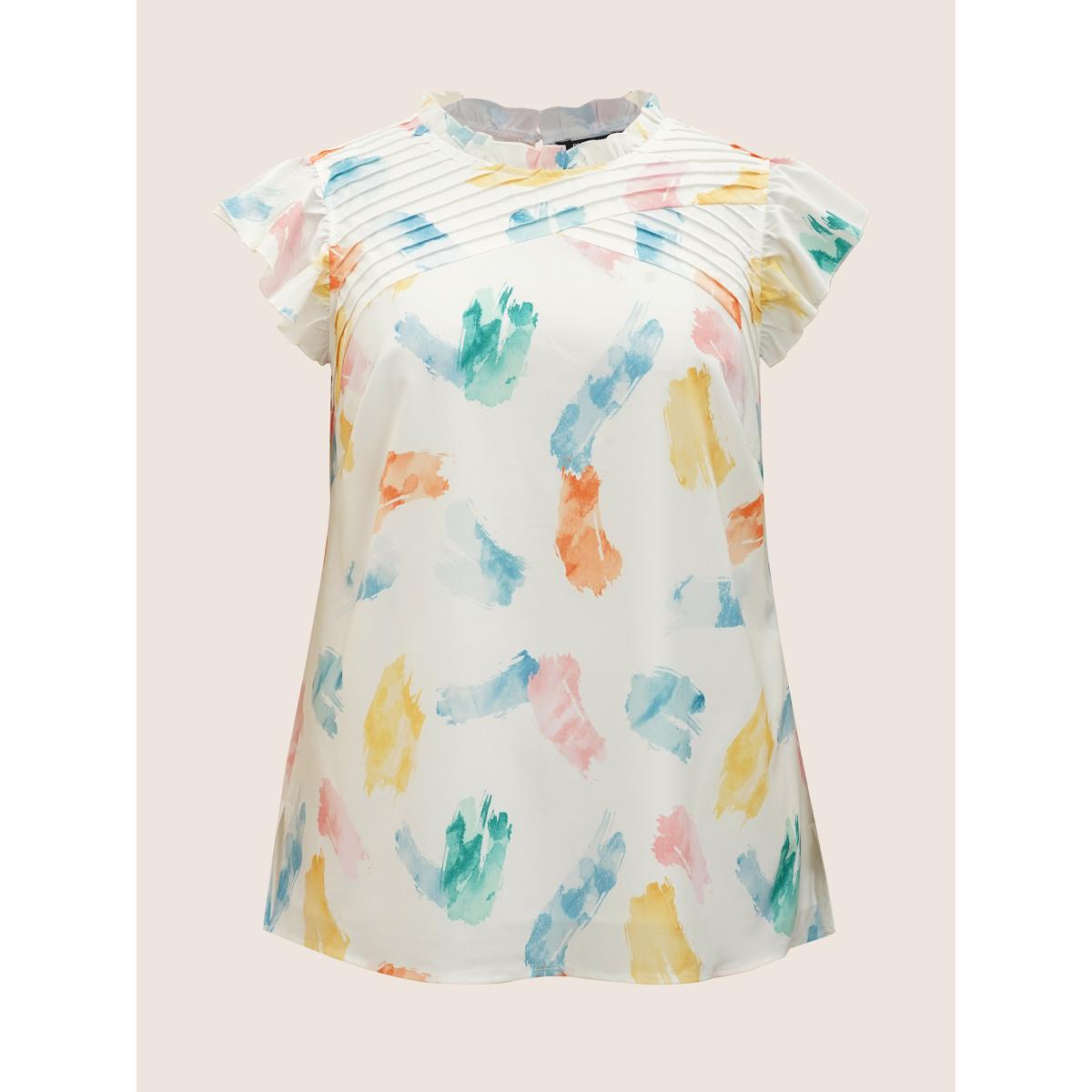 Plus Size Multicolor Brush Print Pleated Ruffle Cap Sleeve Blouse Women Elegant Cap Sleeve Mock Neck Everyday Blouses BloomChic 26/4X Product Image