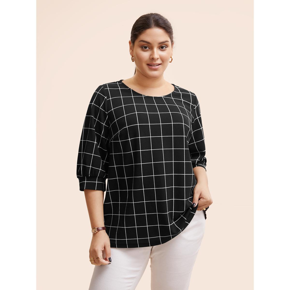 Plus Size Plaid Round Neck Lantern Sleeve T-shirt Black Women At the Office Printed Plaid Round Neck Office T-shirts BloomChic 22-24/3X Product Image
