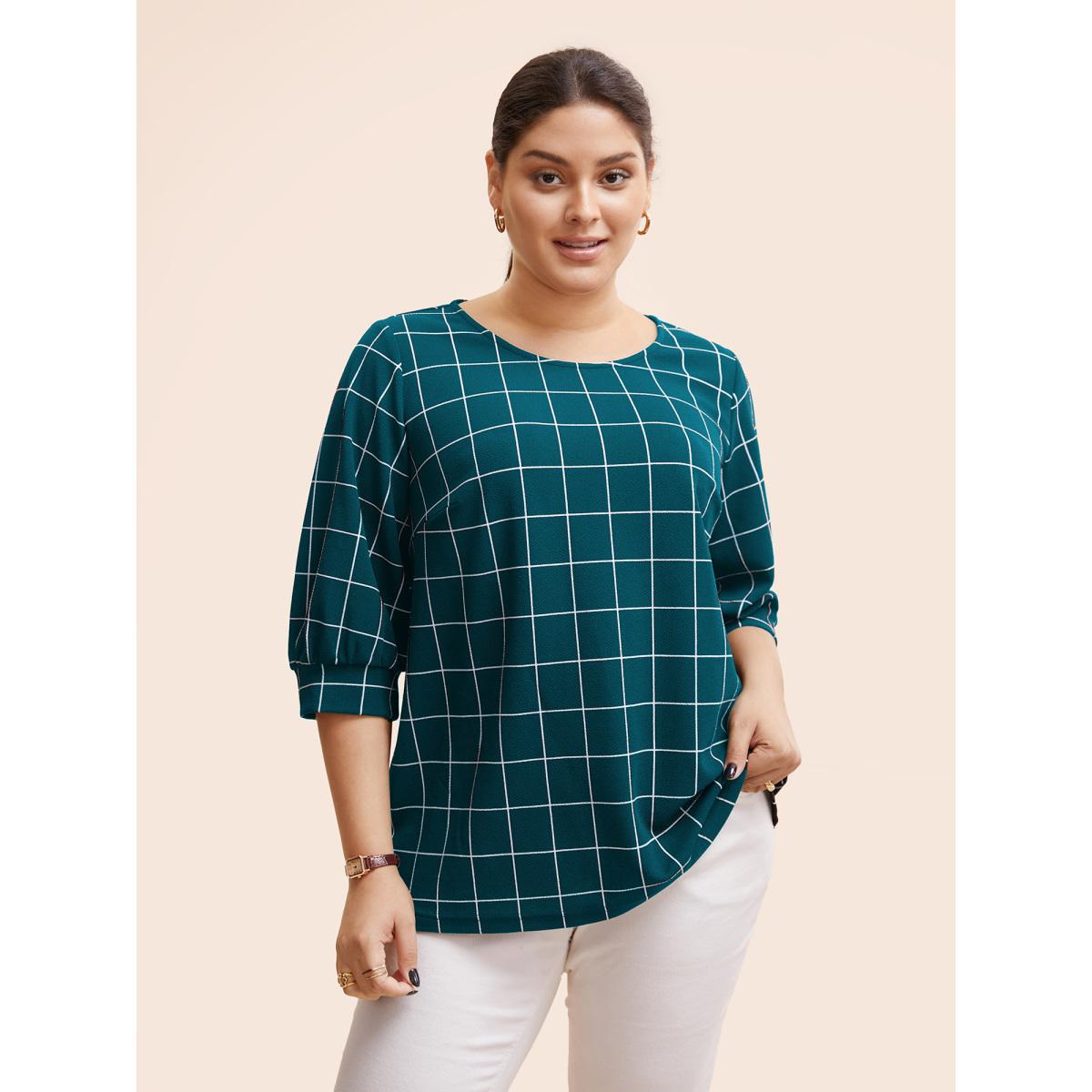 Plus Size Plaid Round Neck Lantern Sleeve T-shirt Black Women At the Office Printed Plaid Round Neck Office T-shirts BloomChic 22-24/3X Product Image