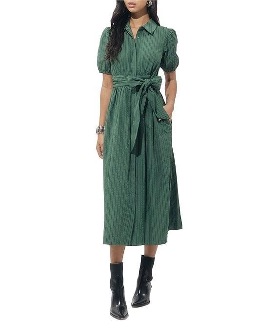 Adelyn Rae Traici Woven Puff Short Sleeve Button Down Wrap Midi Shirt Dress Product Image