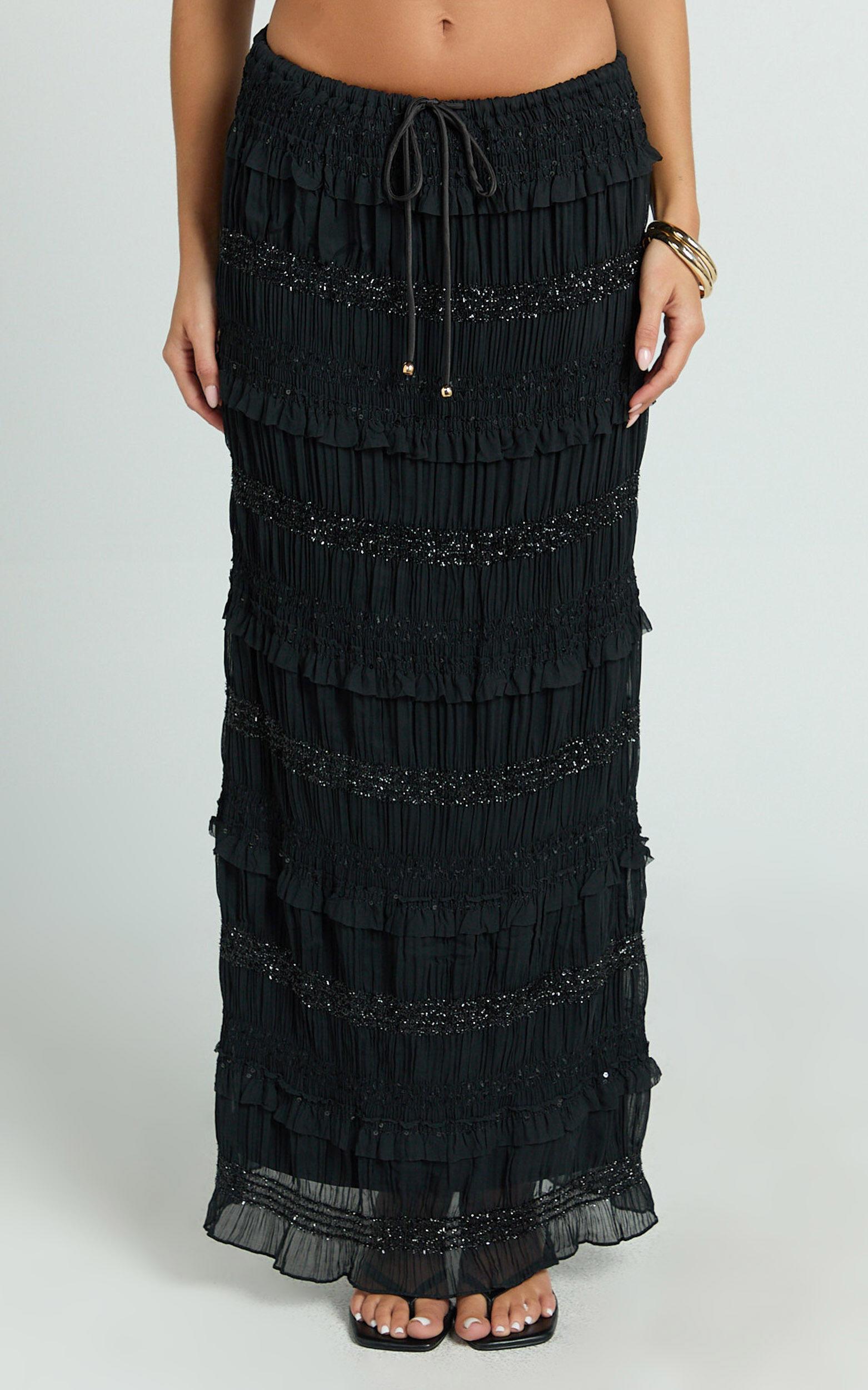 Alice Maxi Skirt - Embellished Ruched Skirt in Black Product Image