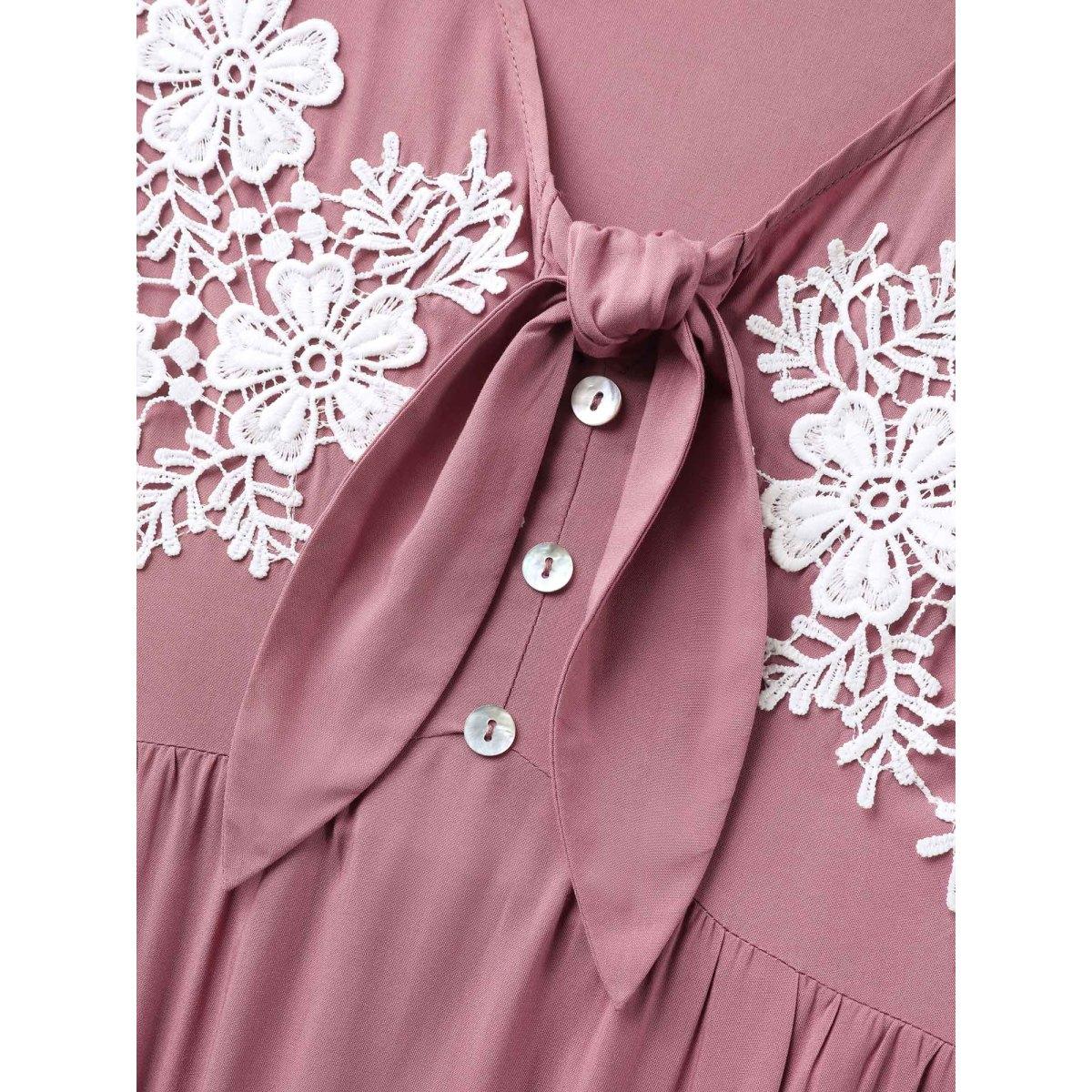 Plus Size Rayon Bodice Embroidered Patchwork Knot Midi Dress DustyPink Women V-neck Short sleeve Curvy BloomChic 10/M Product Image