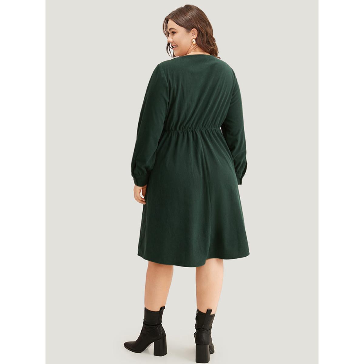 Plus Size Corduroy Plain Pocket Button Detail Dress DarkGreen Women Elegant Gathered Square Neck Long Sleeve Curvy Midi Dress BloomChic 12/L Product Image