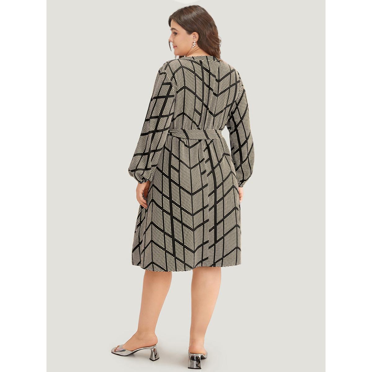 Plus Size Polka Dot Geometric Belted Lantern Sleeve Dress Black Women Office Elastic cuffs Notched collar Long Sleeve Curvy Midi Dress BloomChic 10/M Product Image