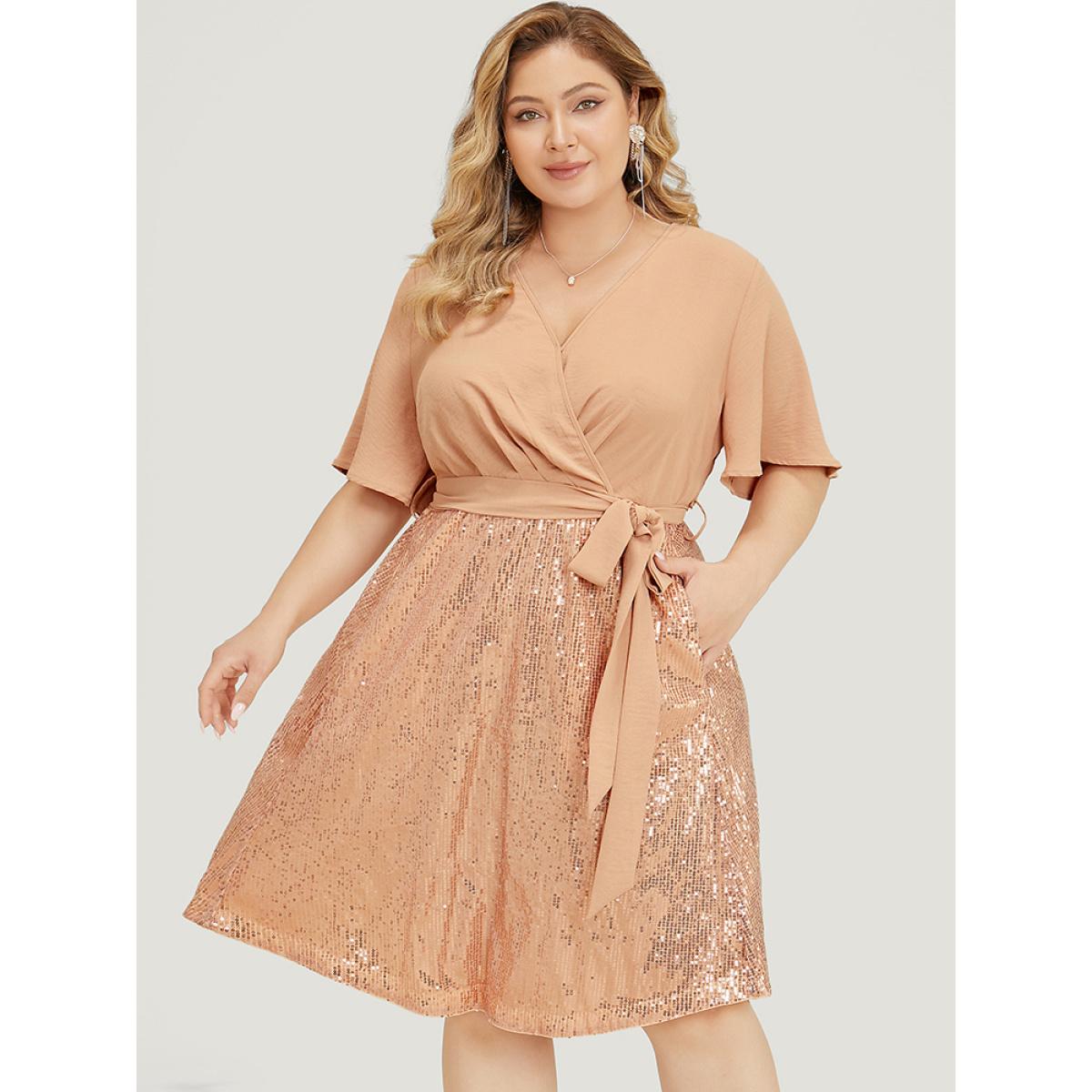 Plus Size Sequin Patchwork Pocket Belted Surplice Neck Ruffle Dress Apricot Women Party Lined V-neck Short sleeve Curvy Knee Dress BloomChic 18-20/2X Product Image