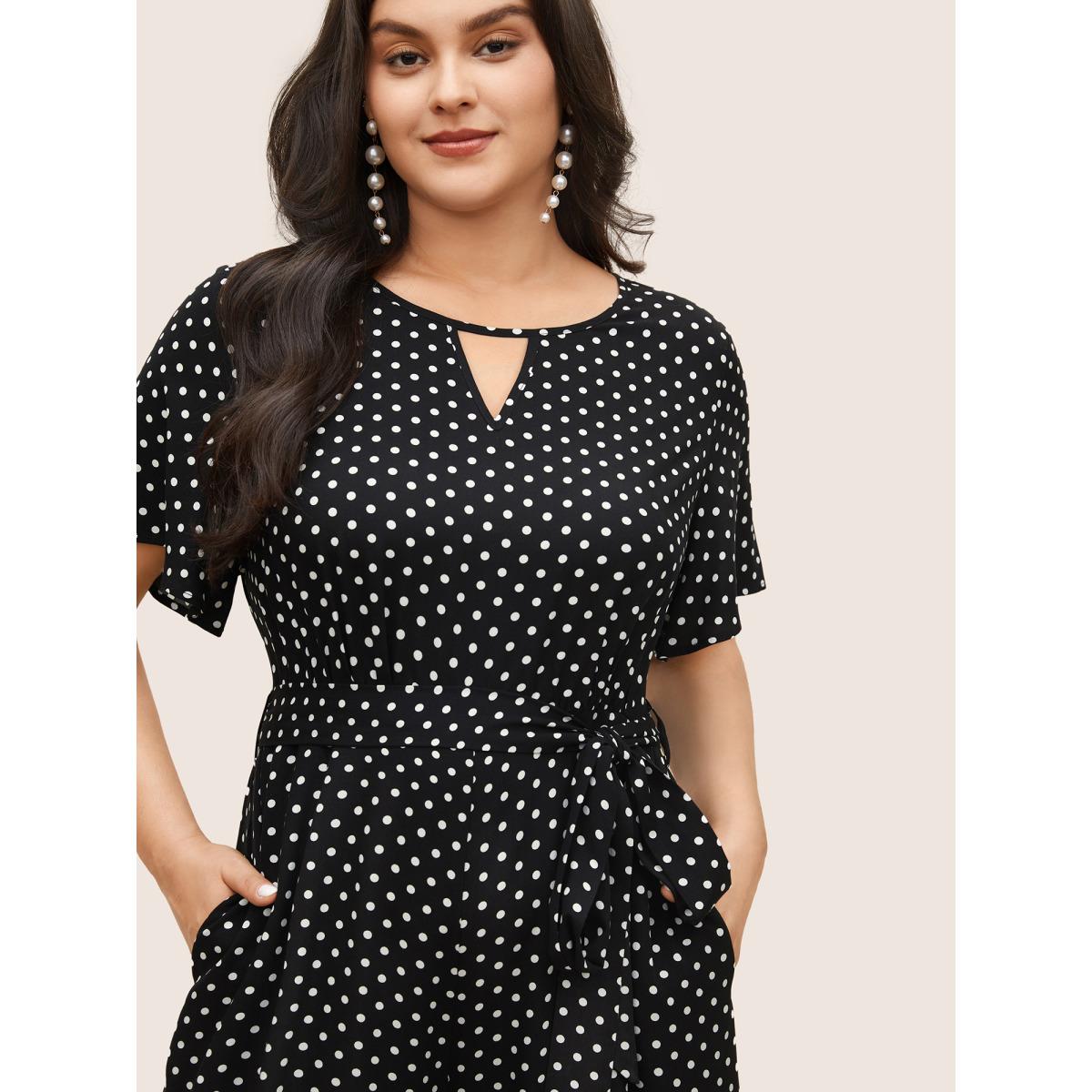 Plus Size Black Polka Dot Cut Out Zipper Belted Jumpsuit Women Elegant Short sleeve Notched collar Everyday Loose Jumpsuits BloomChic 26/4X Product Image