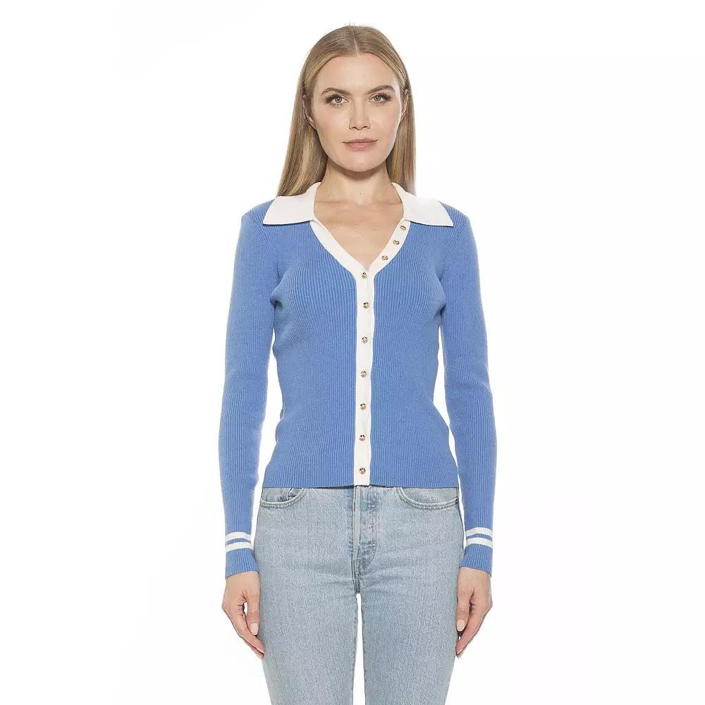 Women's ALEXIA ADMOR Charlie Collared Button Down Cardigan, Size: XL, Blue Ivory Product Image