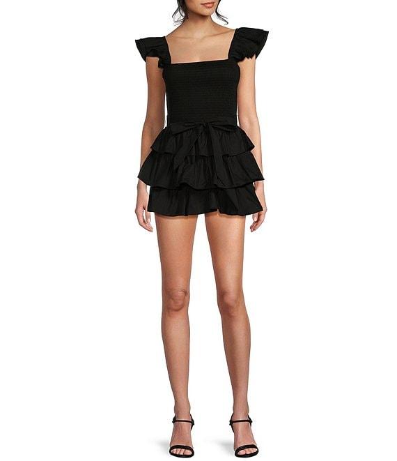 B. Darlin Ruffle Strap Smocked Square Neck Bodice Tiered Skirt Romper Product Image