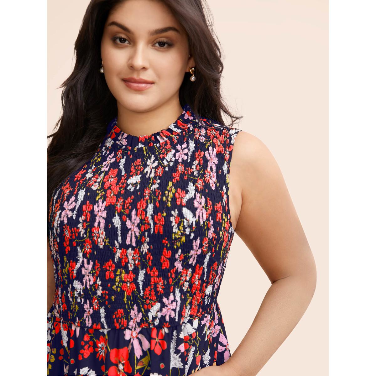 Plus Size Floral Shirred Mock Neck Cut Out Pocket Ruffle Hem Dress DarkBlue Women Elegant Frill Trim Mock Neck Sleeveless Curvy Midi Dress BloomChic 28/5X Product Image