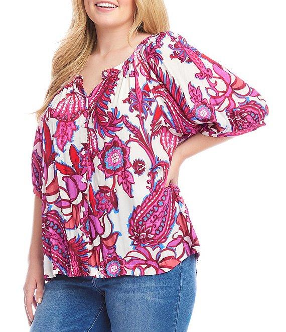 Karen Kane Plus Size Peony Paisley Scoop Neck Short Puff Sleeve Button-Front Peasant Top Product Image